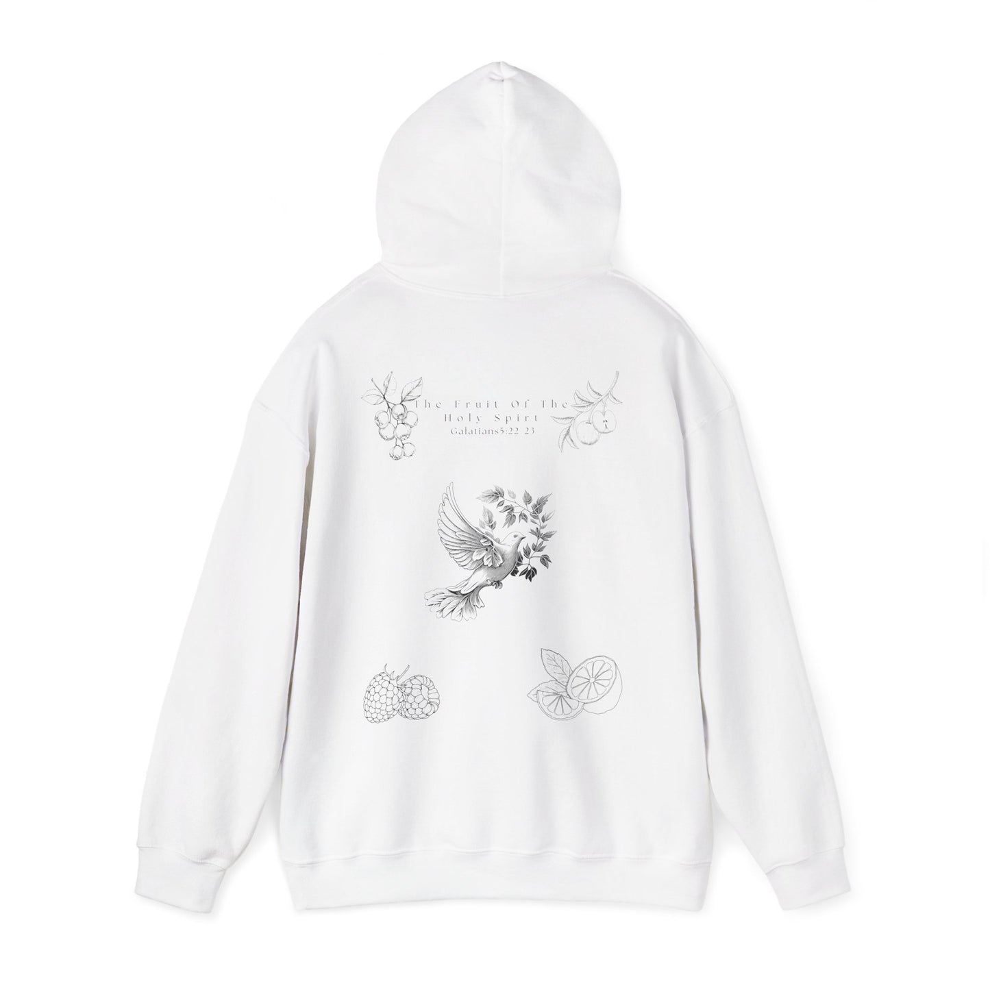 Back view of a white Fruit of the Holy Spirit hoodie with Galatians 5:22-23 Bible verse, Christian faith-based design promoting love, joy, peace, and kindness