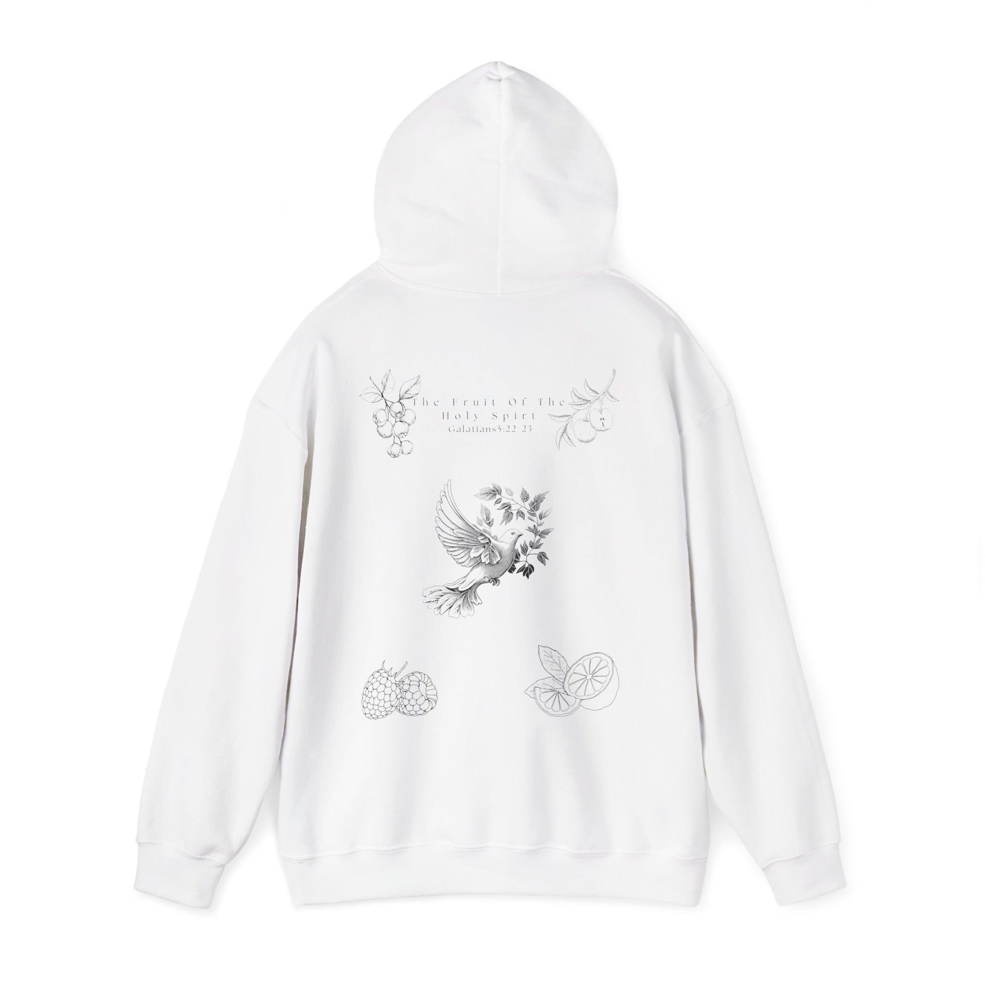 Back view of a white Fruit of the Holy Spirit hoodie with Galatians 5:22-23 Bible verse, Christian faith-based design promoting love, joy, peace, and kindness