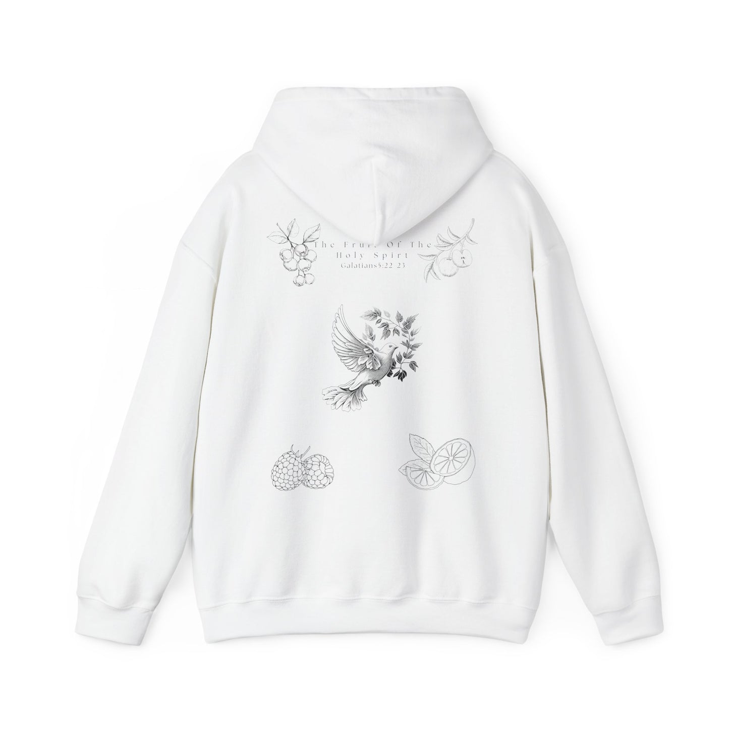 Fruit of the Holy Spirit hoodie with Galatians 5:22-23 Bible verse, Christian faith-based design promoting love, joy, peace, and kindness