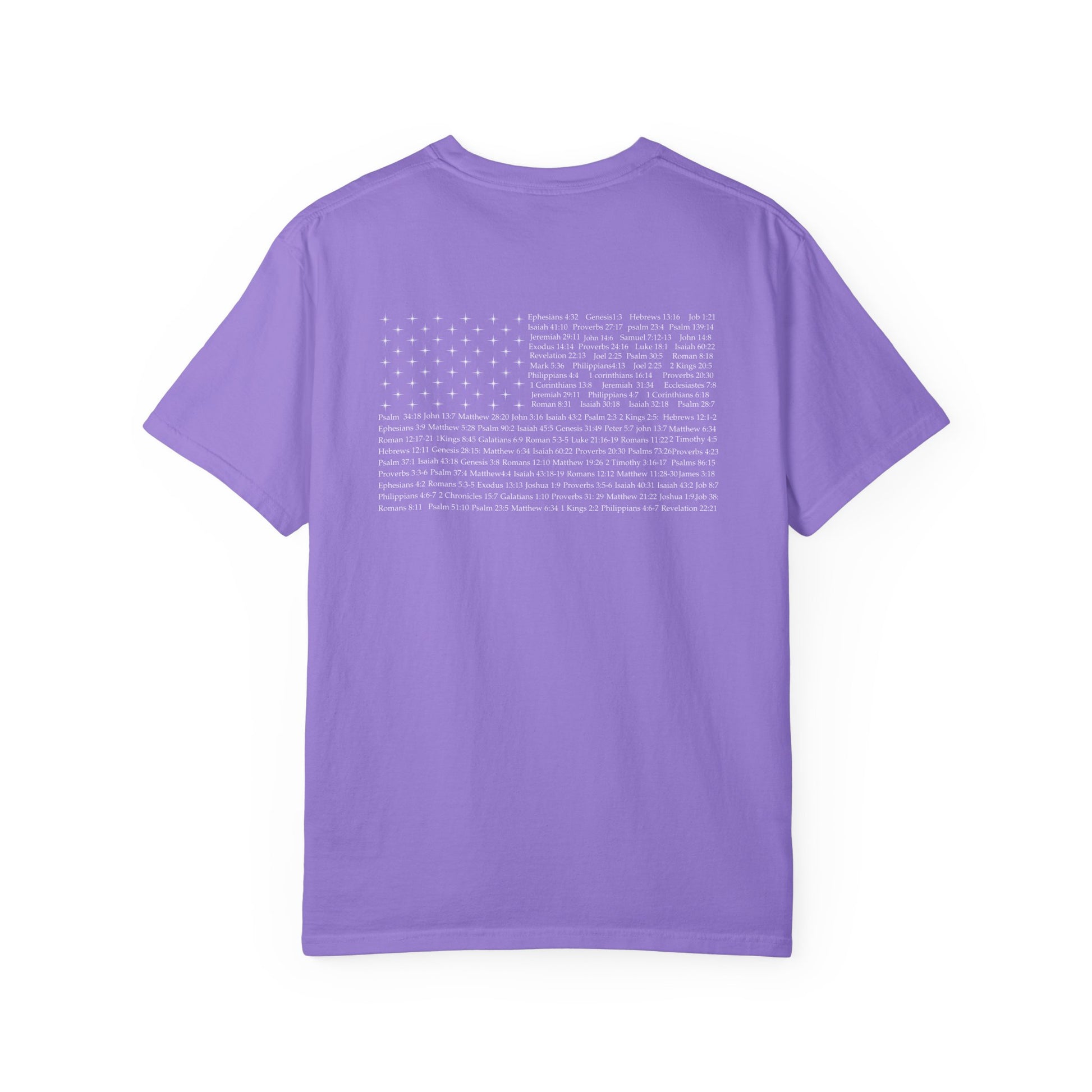 Back of a violet Christian apparel with Bible verse for encouragement — faith-based American flag tee for Greek Orthodox, Roman Catholic, or Protestant wear.