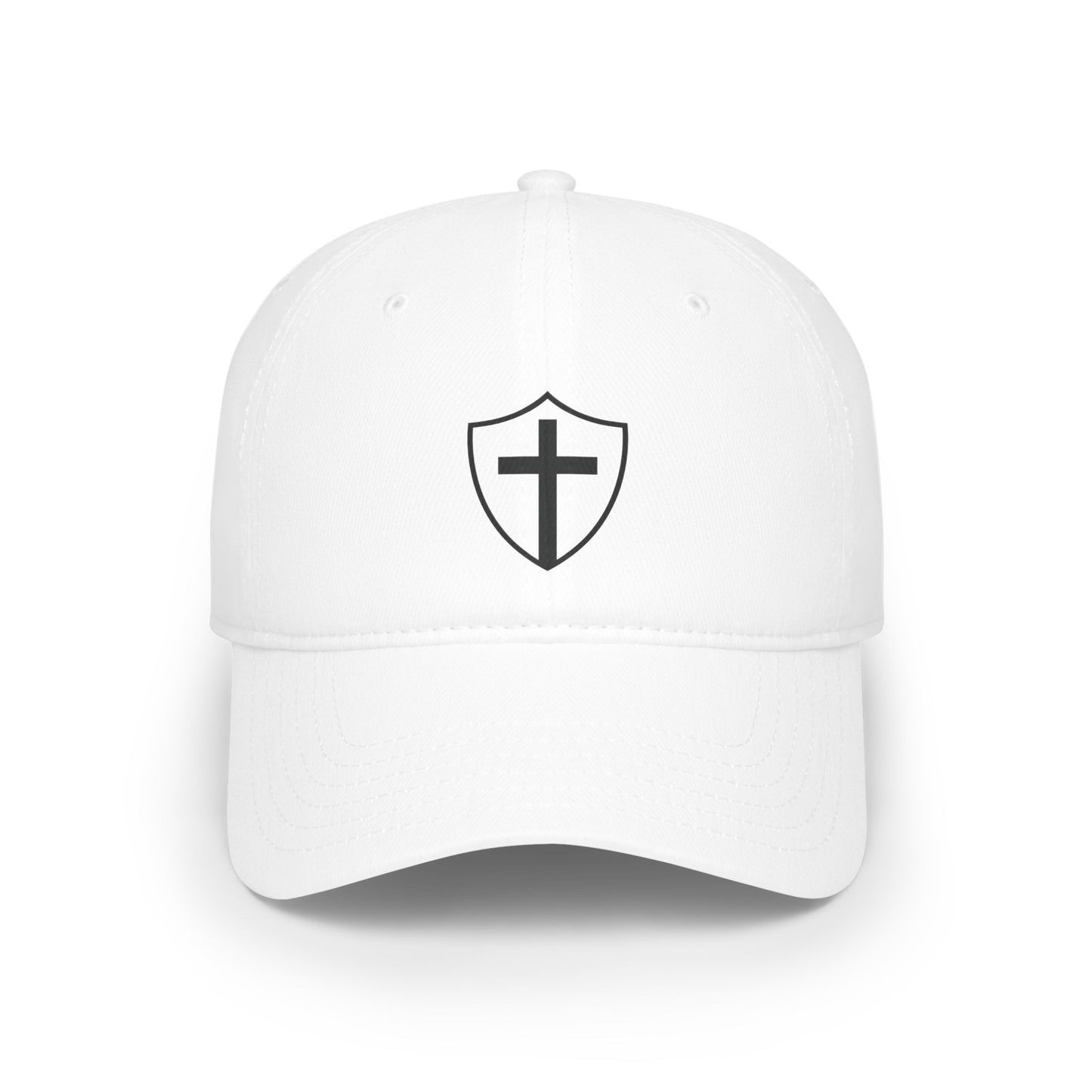 White dad cap with embroidered “Shield of God” design, casual Christian faith hat for daily wear.