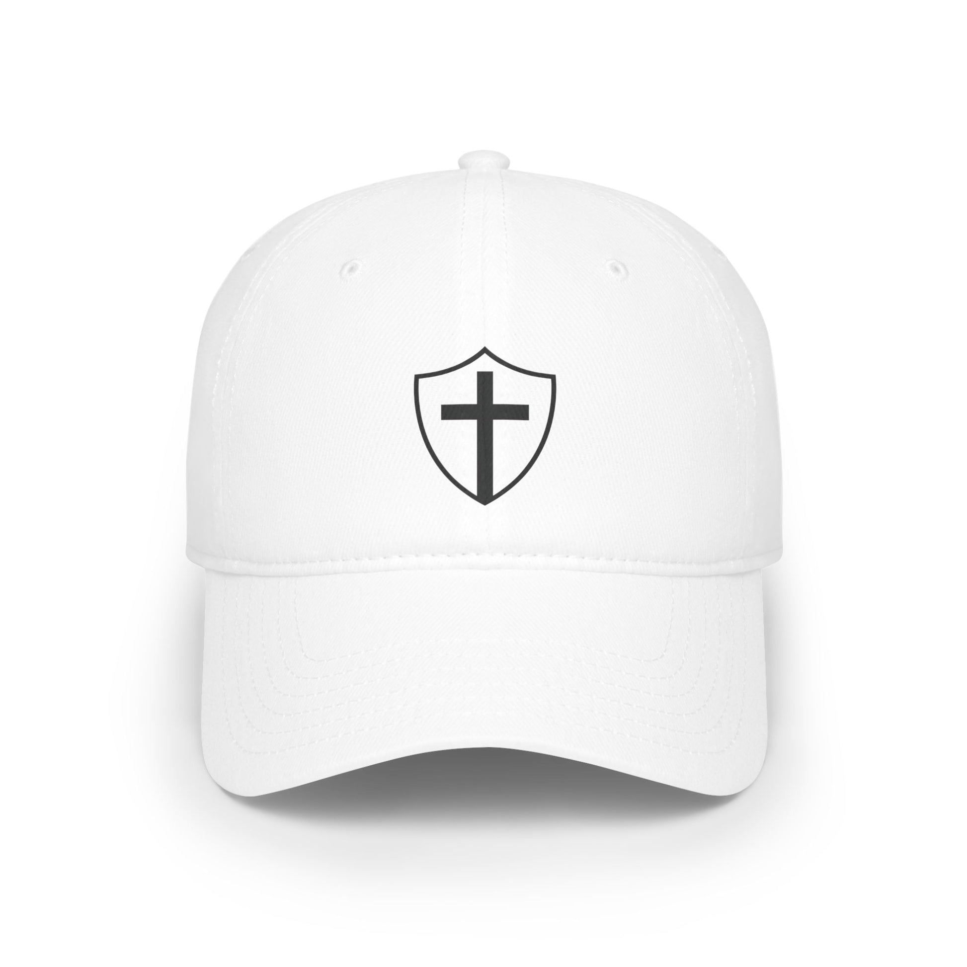 White dad cap with embroidered “Shield of God” design, casual Christian faith hat for daily wear.