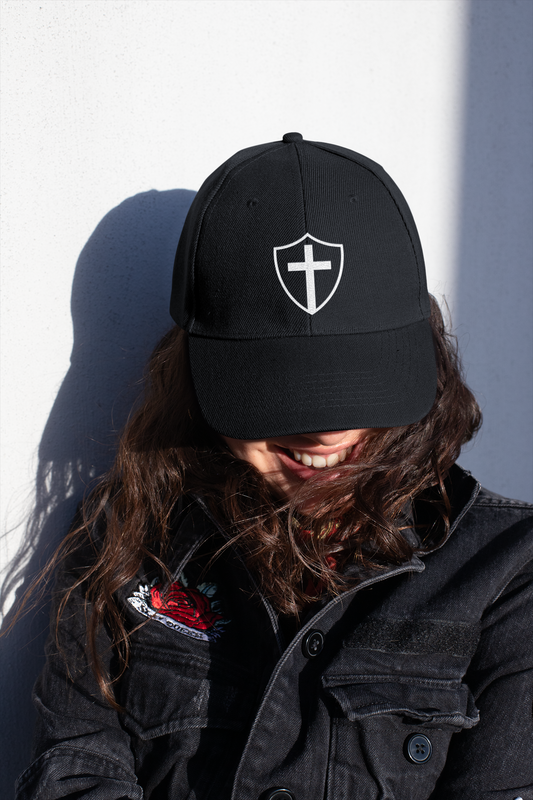 Women wearing a black dad cap with embroidered “Shield of God” design, casual Christian faith hat for daily wear.
