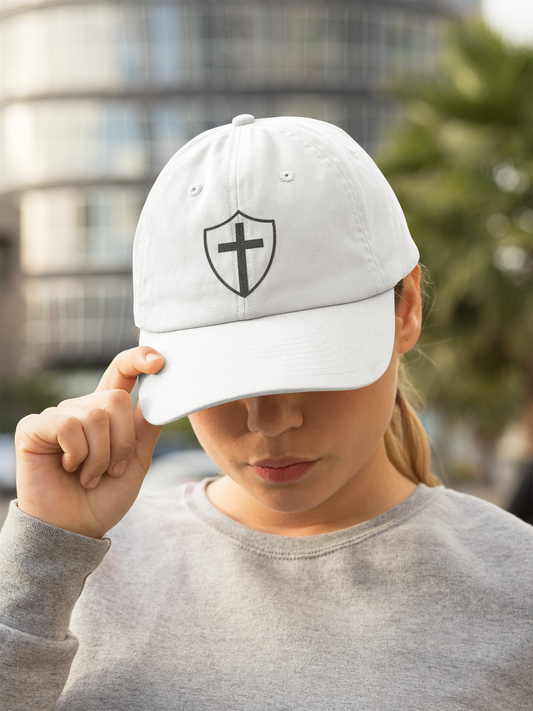 Women wearing a white dad cap with embroidered “Shield of God” design, casual Christian faith hat for daily wear.