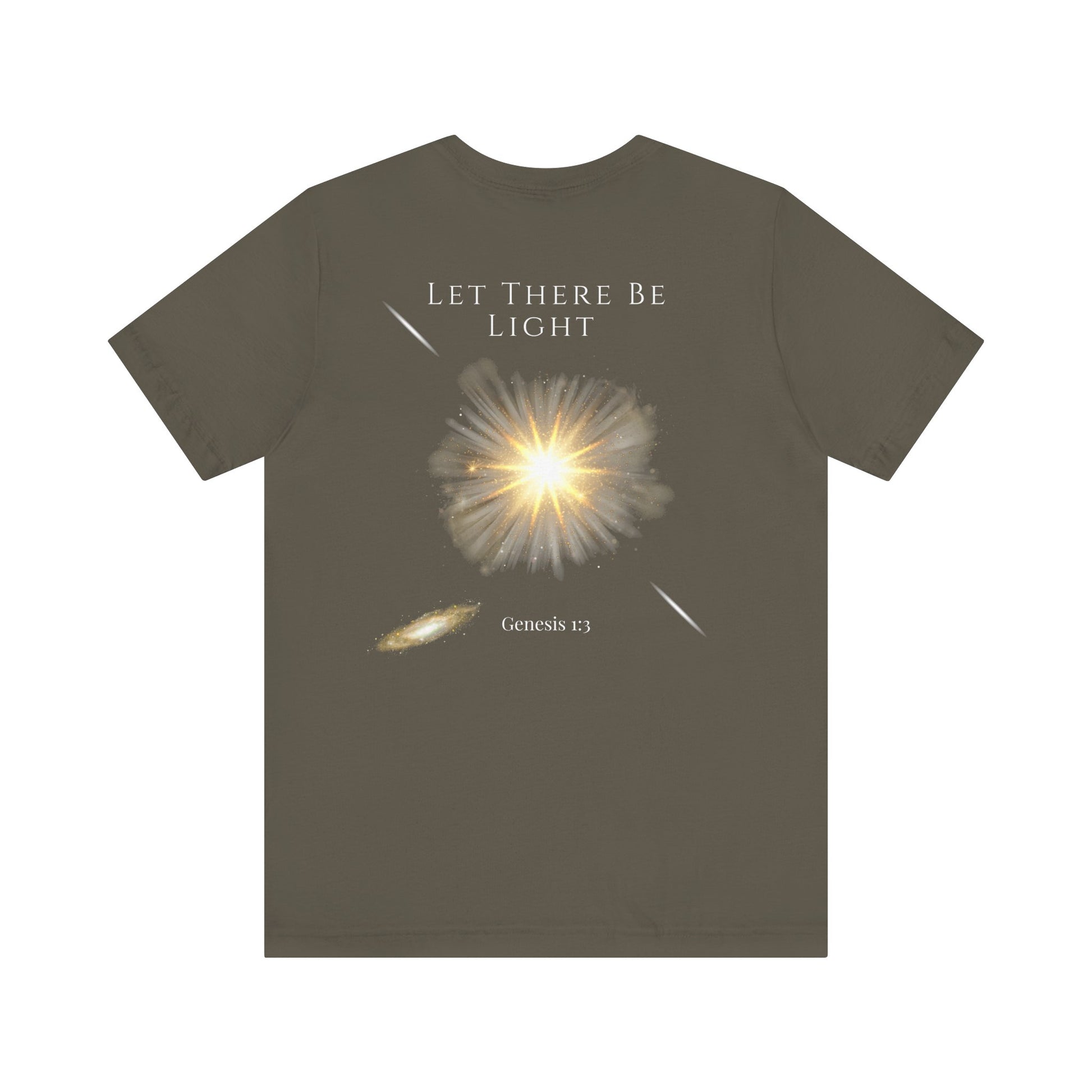 Let There Be Light Genesis 1:3 t-shirt featuring a radiant light burst design—modern Christian apparel for men and women. This Bible verse shirt blends faith and fashion, perfect for those seeking trendy Christian clothing, Bible verse encouragement, and bold Christian clothes that inspire.