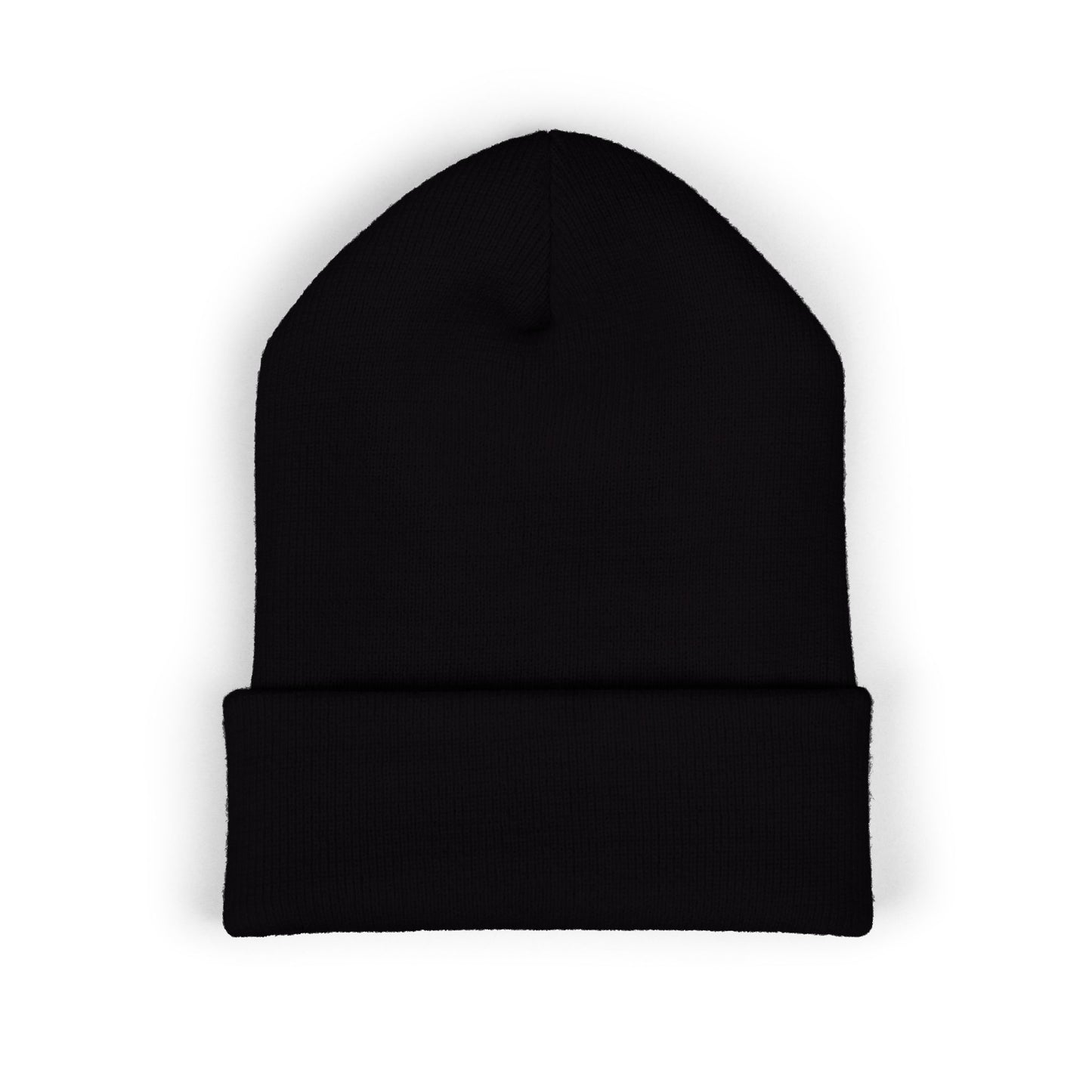 back view of a Black Christian beanie with embroidered “Saved” text inside a crown of thorns, minimalist faith-based winter hat, unisex cuffed beanie, Christian streetwear accessory, gospel-inspired apparel on white background.