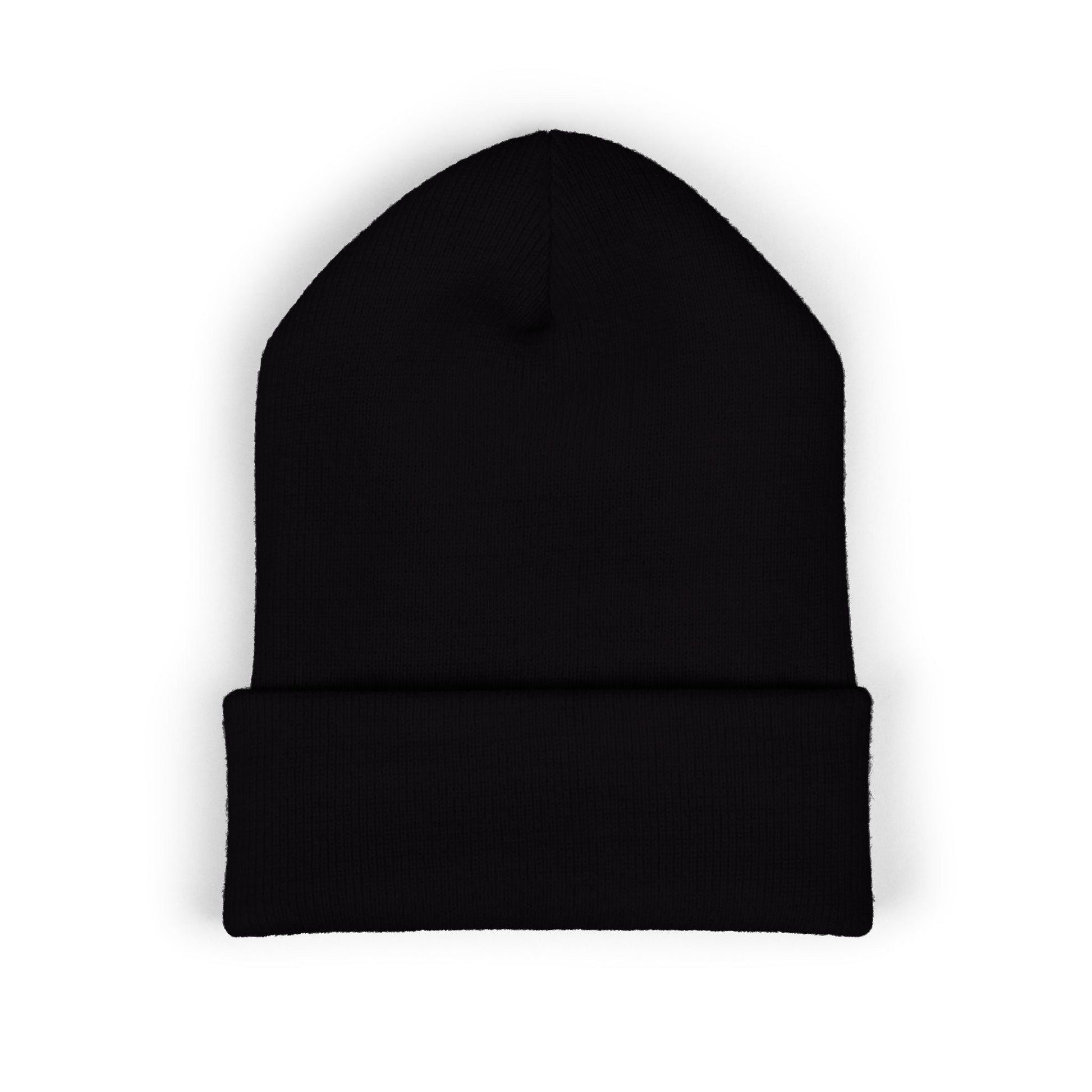 back view of a Black Christian beanie with embroidered “Saved” text inside a crown of thorns, minimalist faith-based winter hat, unisex cuffed beanie, Christian streetwear accessory, gospel-inspired apparel on white background.