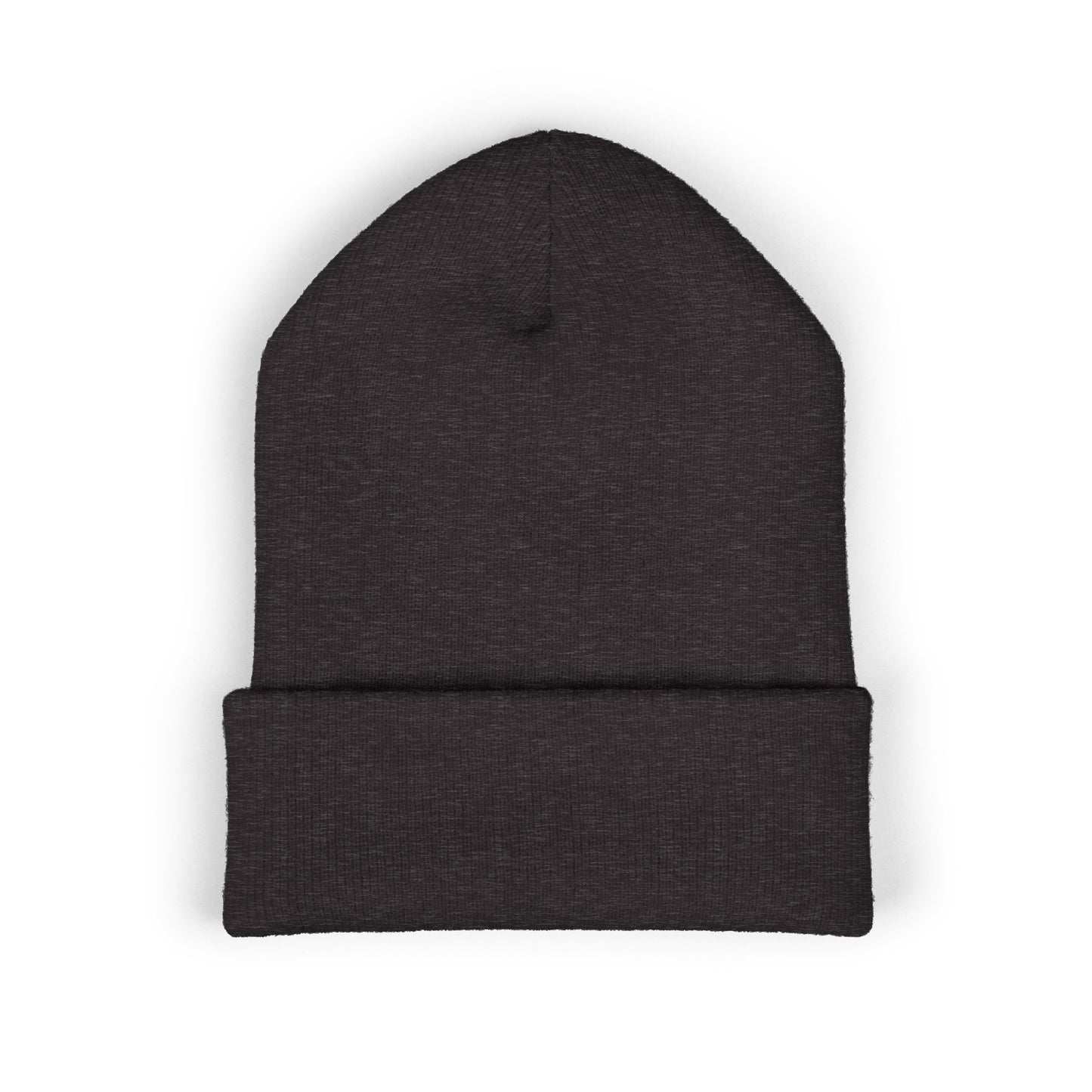 back view of a dark gray Christian beanie with embroidered “Saved” text inside a crown of thorns, minimalist faith-based winter hat, unisex cuffed beanie, Christian streetwear accessory, gospel-inspired apparel on white background.