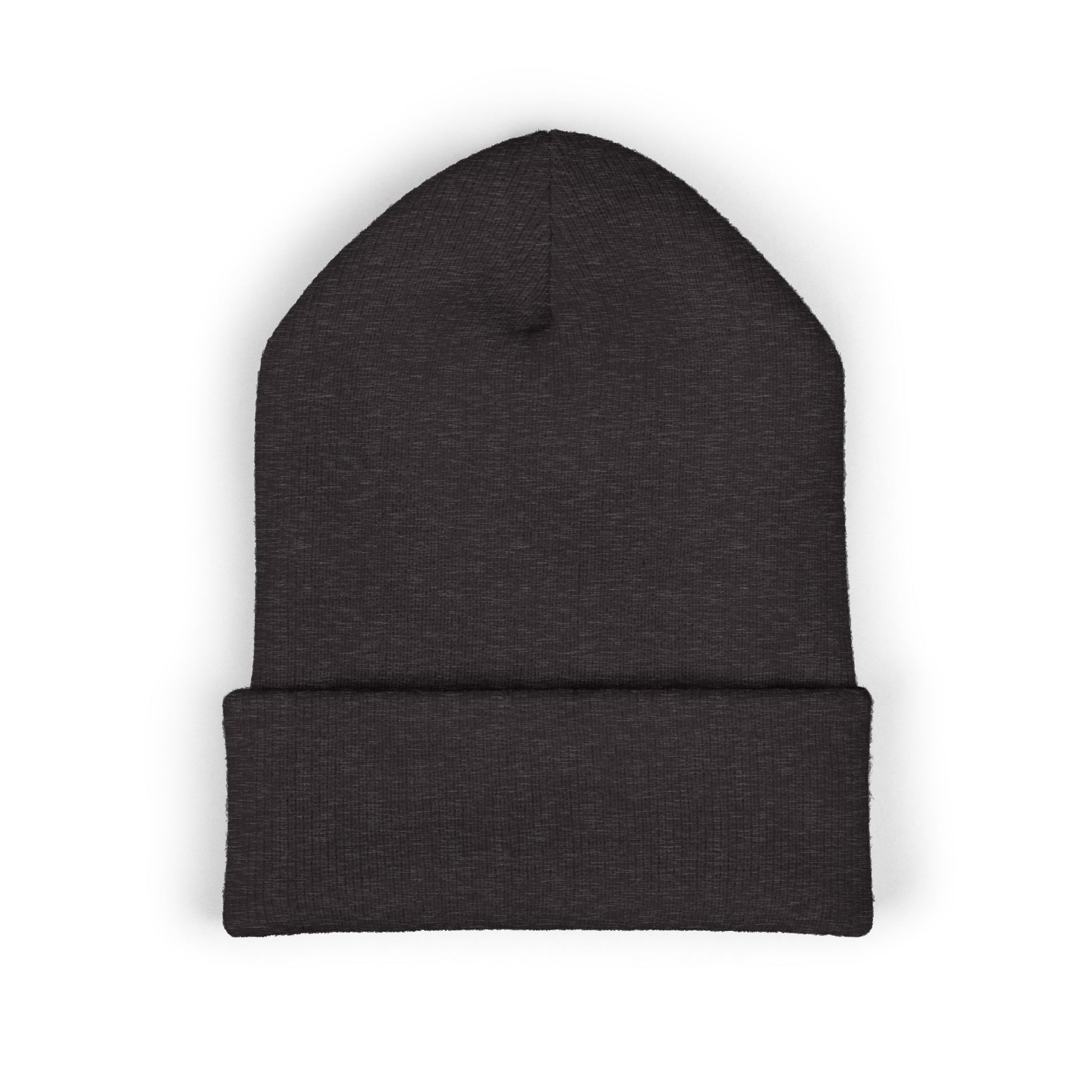 back view of a dark gray Christian beanie with embroidered “Saved” text inside a crown of thorns, minimalist faith-based winter hat, unisex cuffed beanie, Christian streetwear accessory, gospel-inspired apparel on white background.