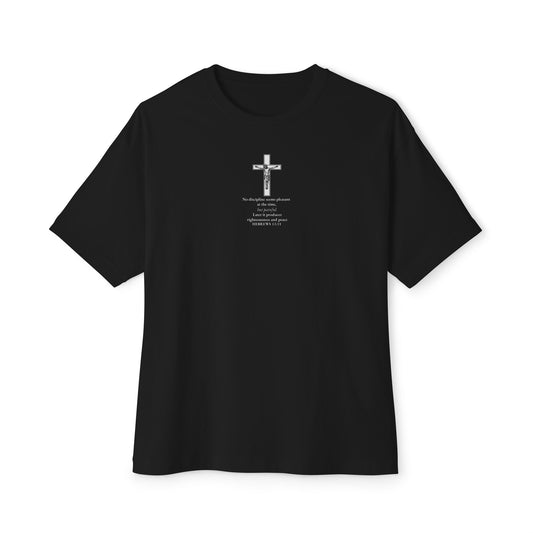 Black Hebrews 12:11 Christian t-shirt with bold scripture design — modern Catholic clothing and Orthodox clothing for men and women seeking spiritual growth and encouragement.