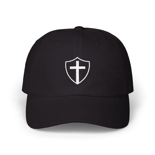 Shield of God Christian dad cap with embroidered cross design – modern faith-based hat for men and women, Christian apparel and Catholic clothing accessory