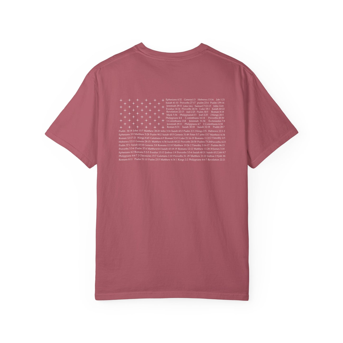 Back of a crimson Christian apparel with Bible verse for encouragement — faith-based American flag tee for Greek Orthodox, Roman Catholic, or Protestant wear.