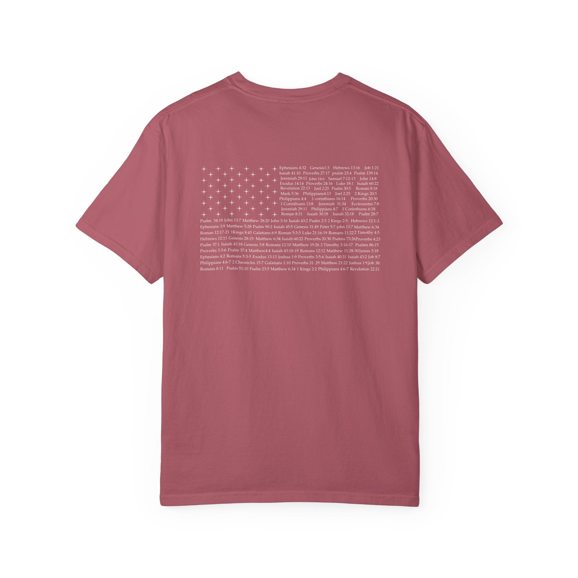 Back of a crimson Christian apparel with Bible verse for encouragement — faith-based American flag tee for Greek Orthodox, Roman Catholic, or Protestant wear.
