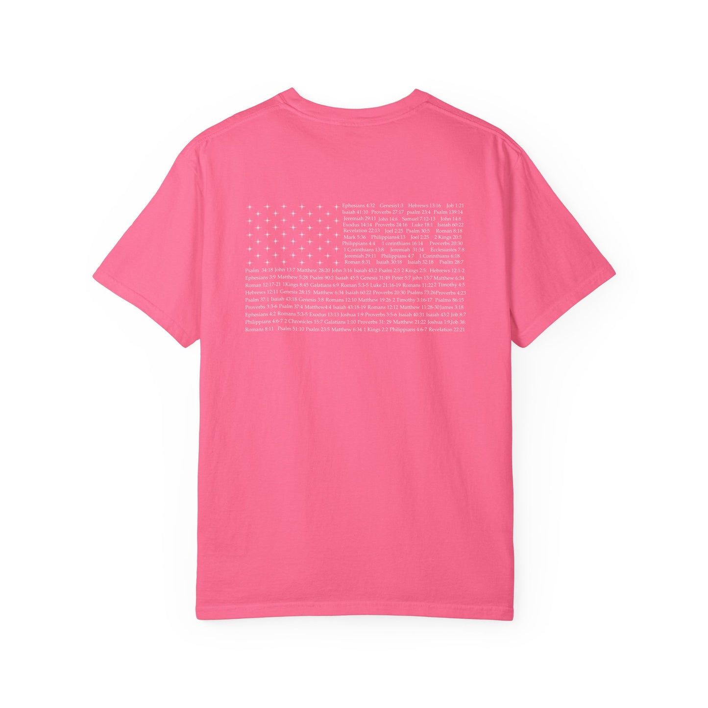 Back of a crunchberry Christian apparel with Bible verse for encouragement — faith-based American flag tee for Greek Orthodox, Roman Catholic, or Protestant wear.