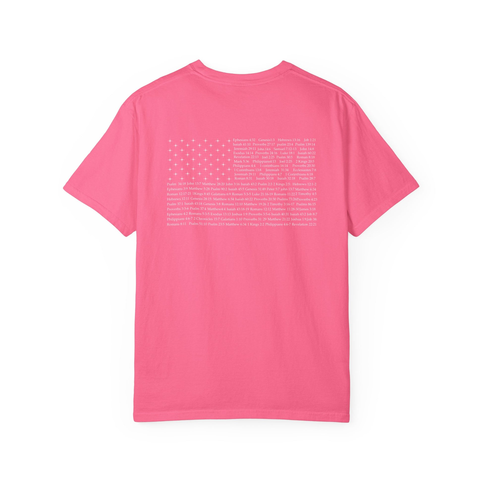 Back of a crunchberry Christian apparel with Bible verse for encouragement — faith-based American flag tee for Greek Orthodox, Roman Catholic, or Protestant wear.