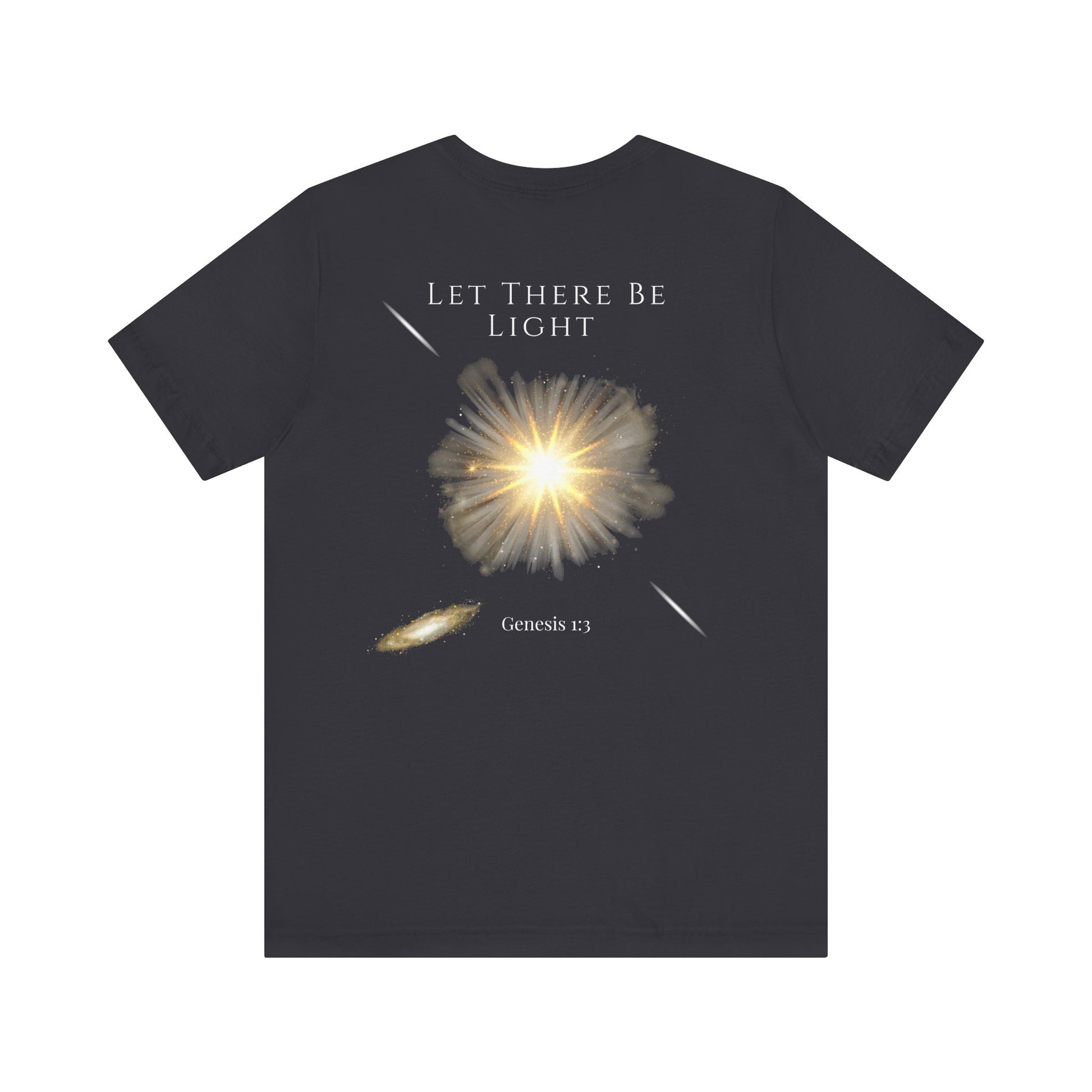Let There Be Light Genesis 1:3 t-shirt featuring a radiant light burst design—modern Christian apparel for men and women. This Bible verse shirt blends faith and fashion, perfect for those seeking trendy Christian clothing, Bible verse encouragement, and bold Christian clothes that inspire.