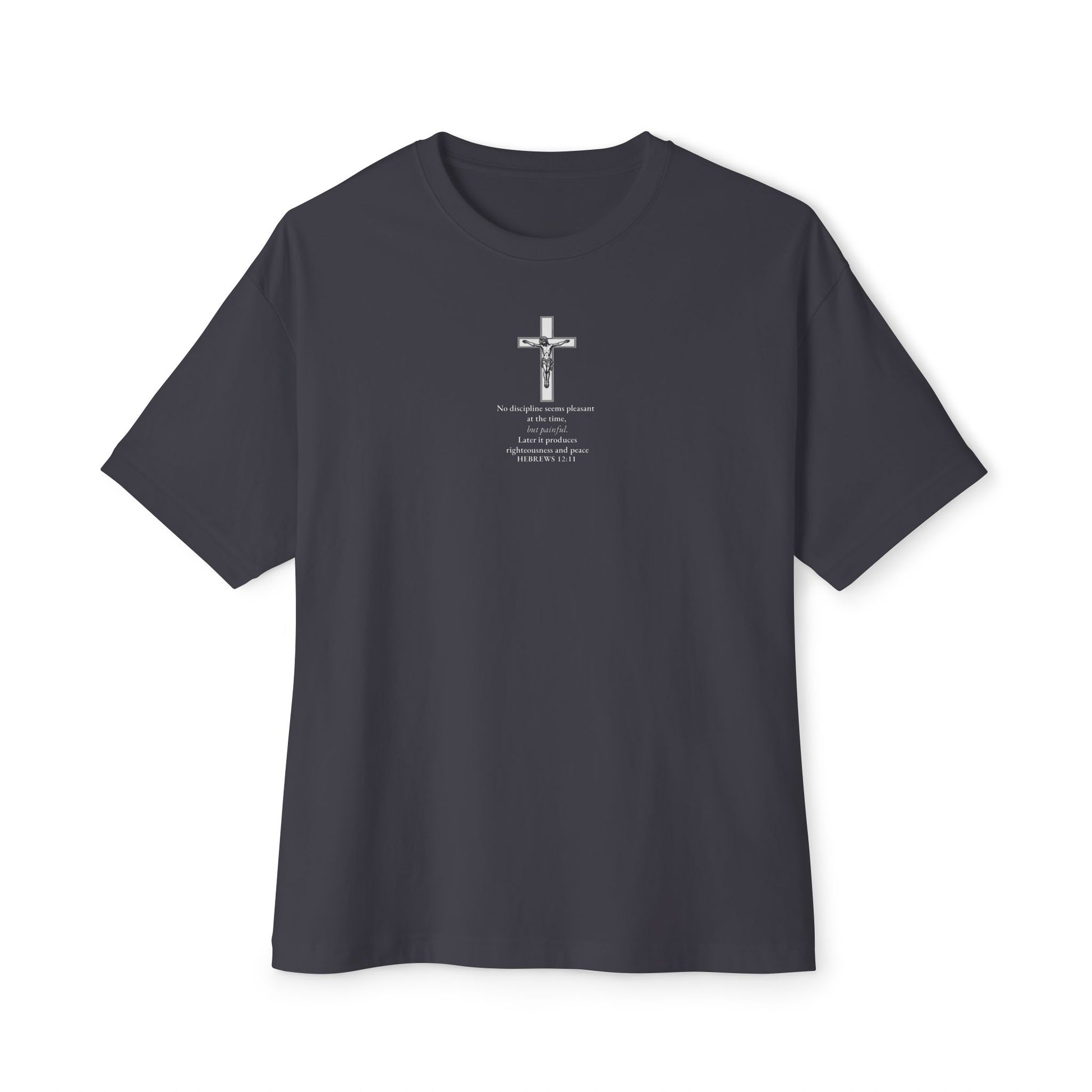 dark Gray Hebrews 12:11 Christian t-shirt with bold scripture design — modern Catholic clothing and Orthodox clothing for men and women seeking spiritual growth and encouragement.