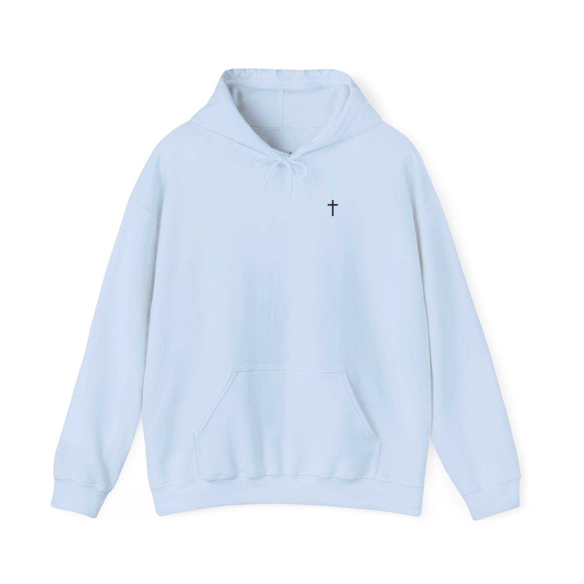 Front view of a light blue Fruit of the Holy Spirit hoodie with Galatians 5:22-23 Bible verse, Christian faith-based design promoting love, joy, peace, and kindness