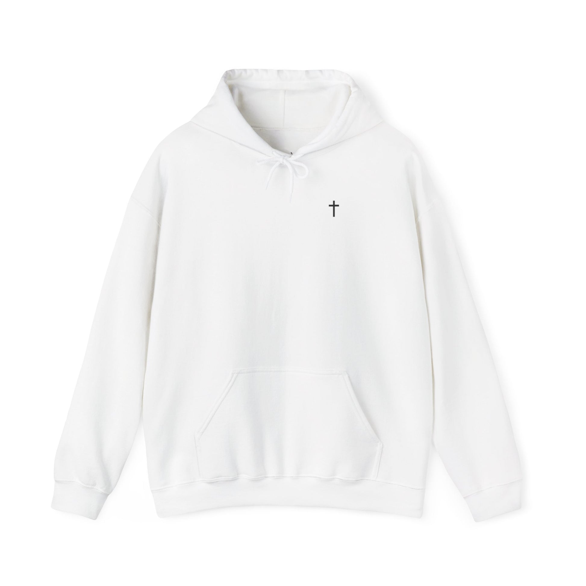 Front view of a white Fruit of the Holy Spirit hoodie with Galatians 5:22-23 Bible verse, Christian faith-based design promoting love, joy, peace, and kindness