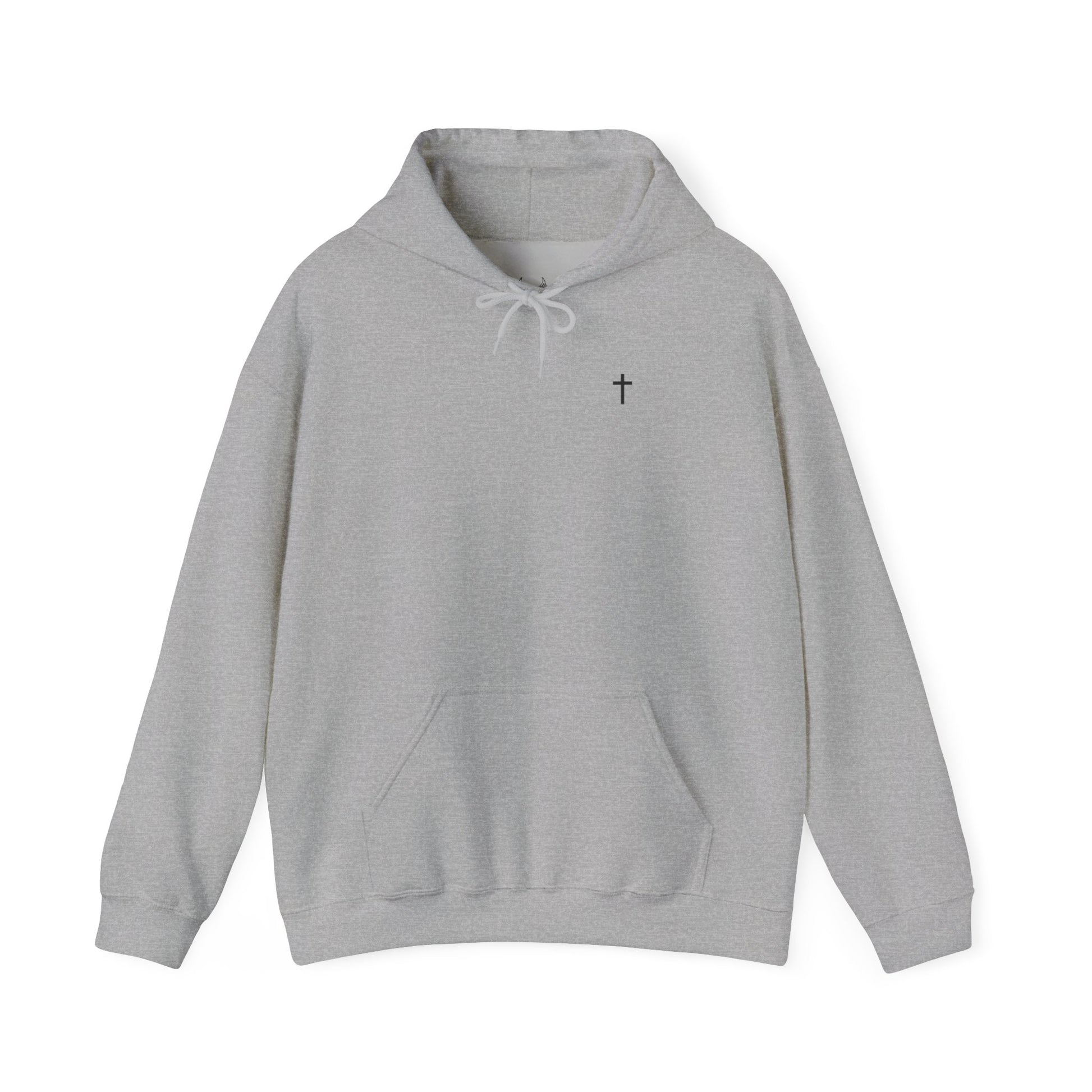 Sport gray Christian hoodie with small black cross design on the front, faith-based minimalist style streetwear
