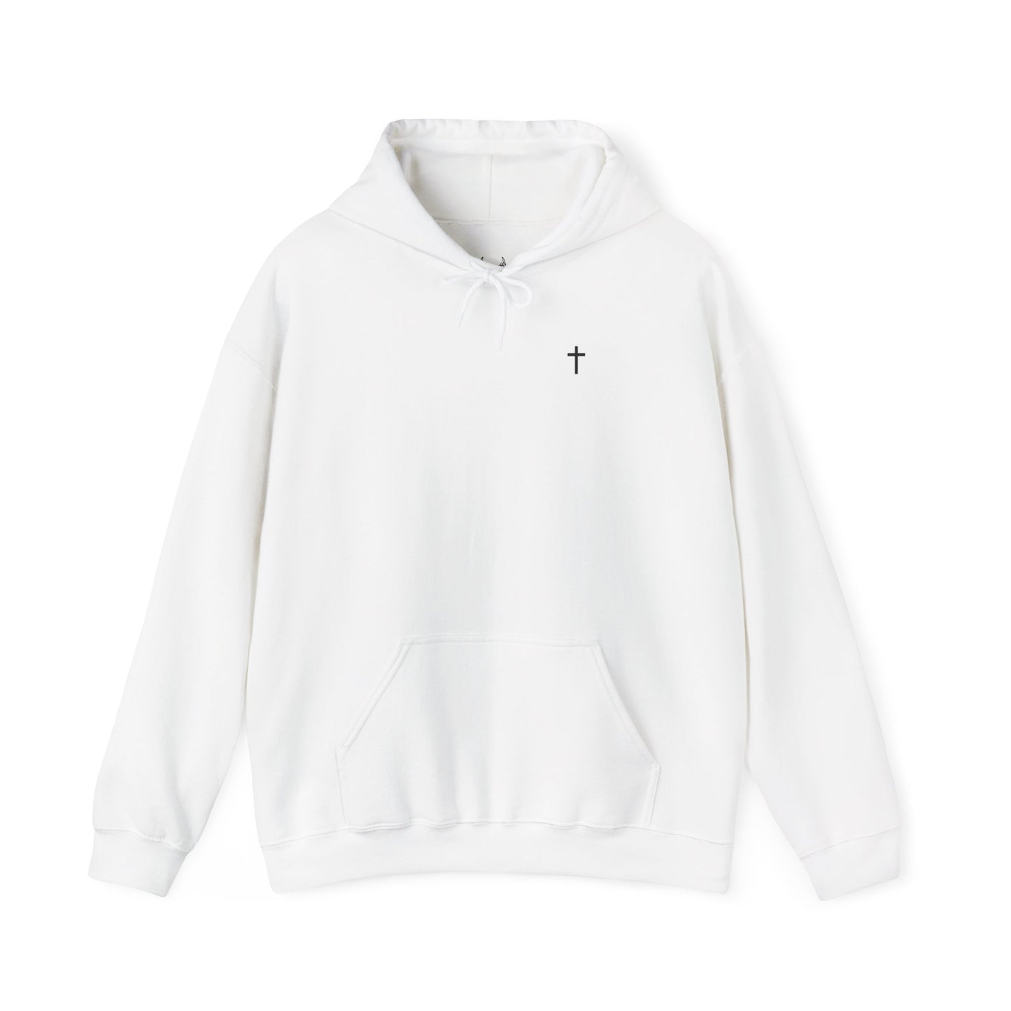 White Christian hoodie with small black cross design on the front, faith-based minimalist style streetwear