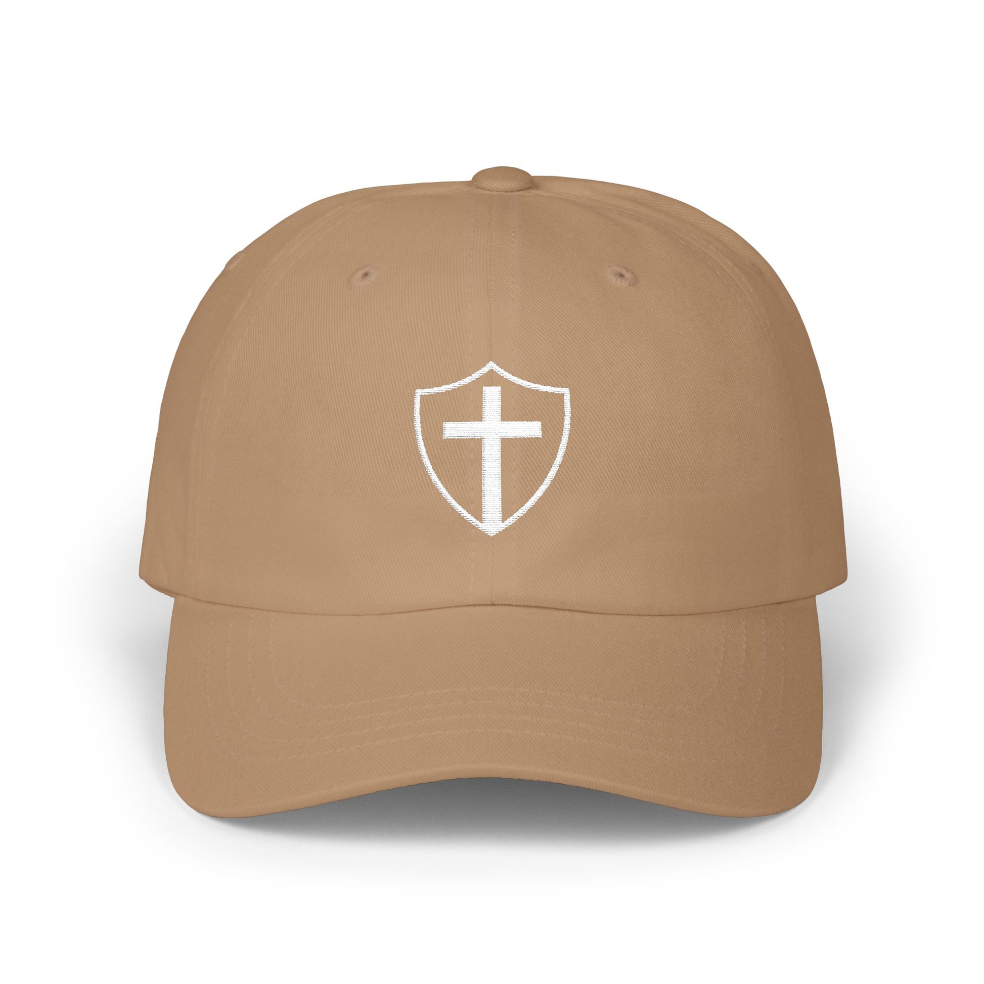 Shield of God Christian dad cap with embroidered cross design – modern faith-based hat for men and women, Christian apparel and Catholic clothing accessory