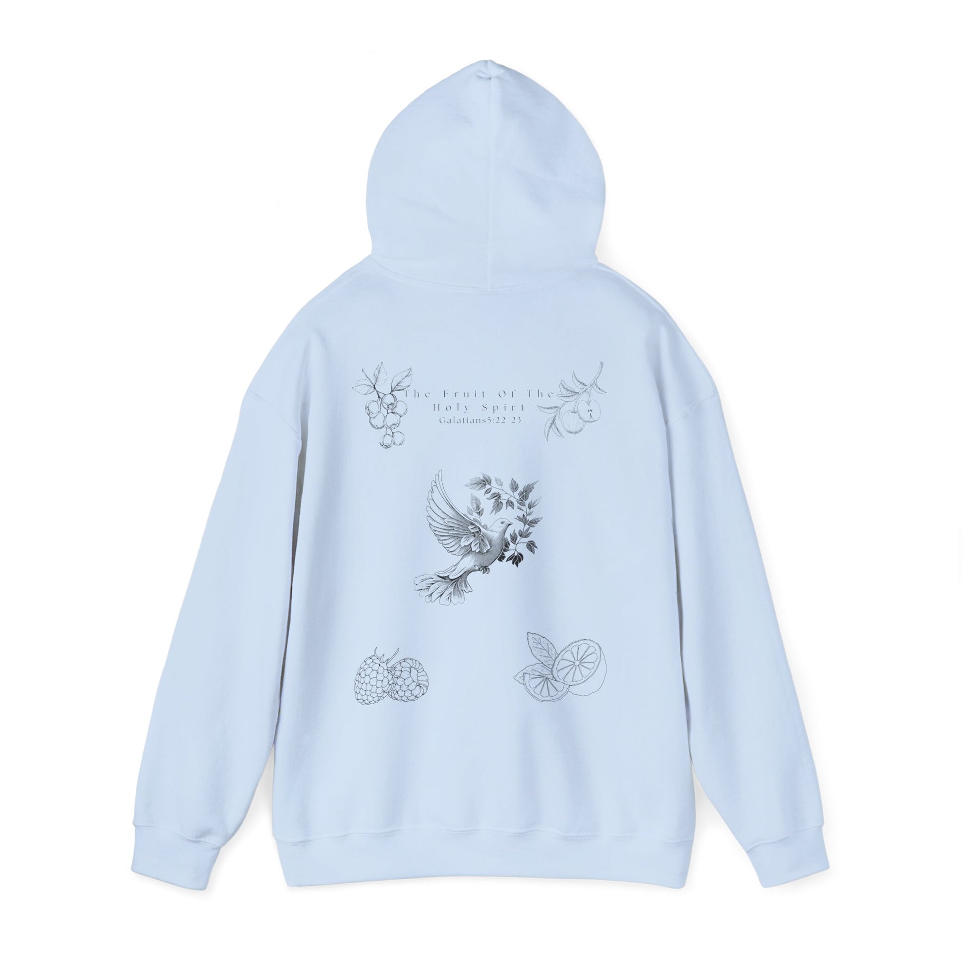 Back view of a Fruit of the Holy Spirit hoodie with the hood up with Galatians 5:22-23 Bible verse, Christian faith-based design promoting love, joy, peace, and kindness
