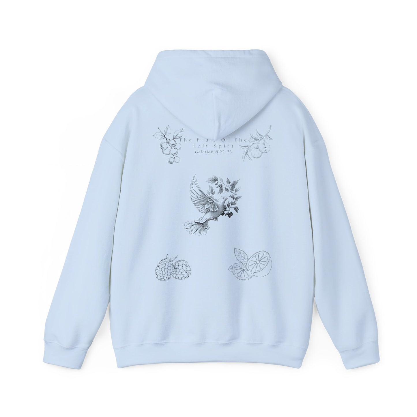 Back view of a light blue Fruit of the Holy Spirit hoodie with Galatians 5:22-23 Bible verse, Christian faith-based design promoting love, joy, peace, and kindness