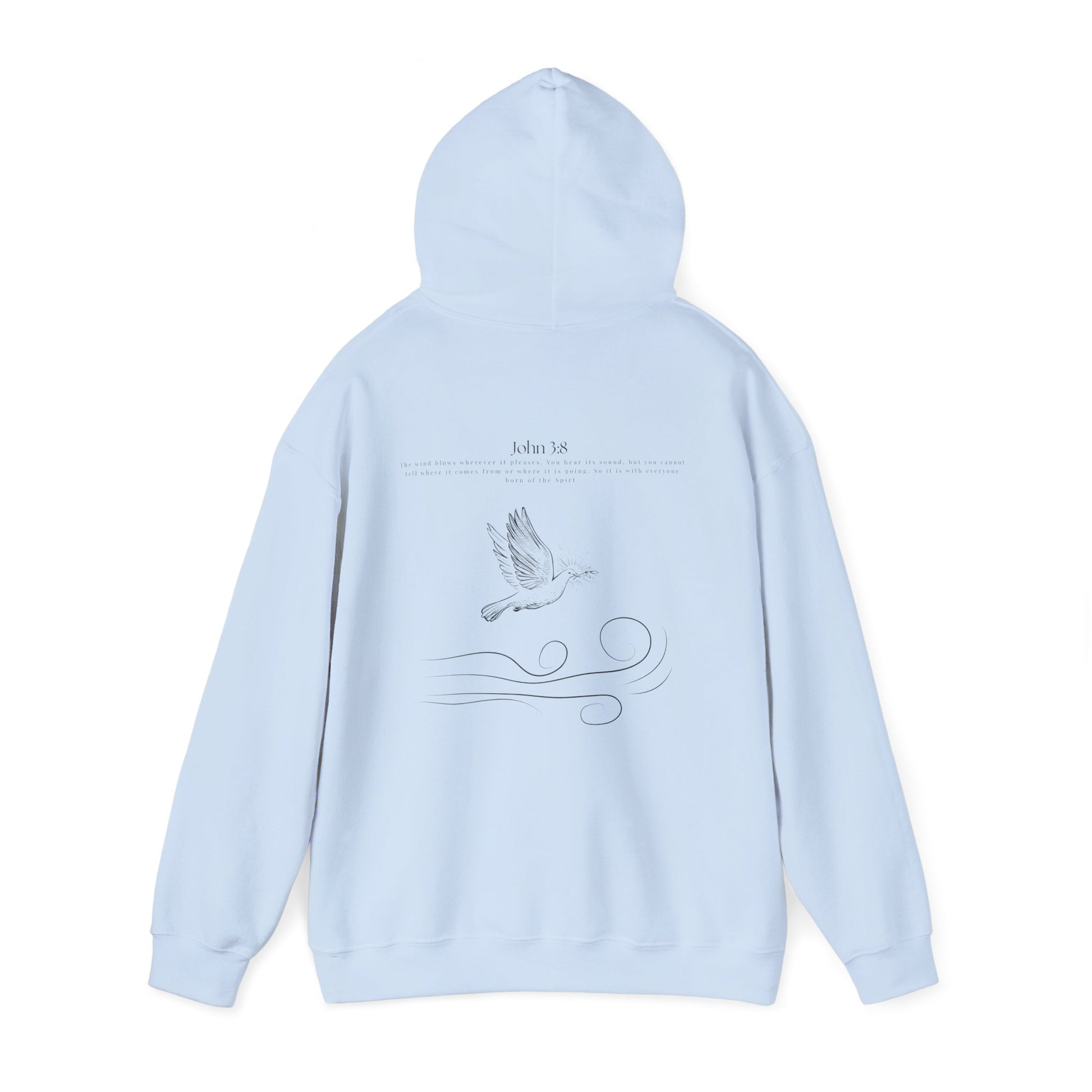 Light blue Christian hoodie with the hood up with John 3:8 Bible verse and dove design symbolizing the Holy Spirit, faith-based Scripture apparel for men and women