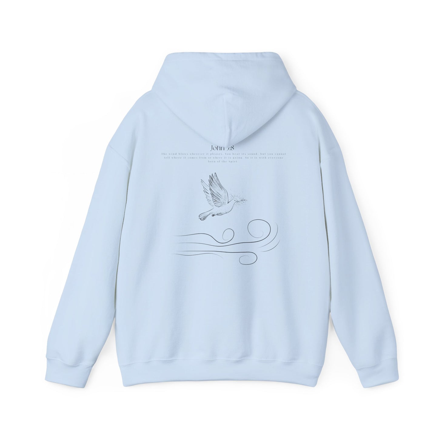 Light blue Christian hoodie with John 3:8 Bible verse and dove design symbolizing the Holy Spirit, faith-based Scripture apparel for men and women