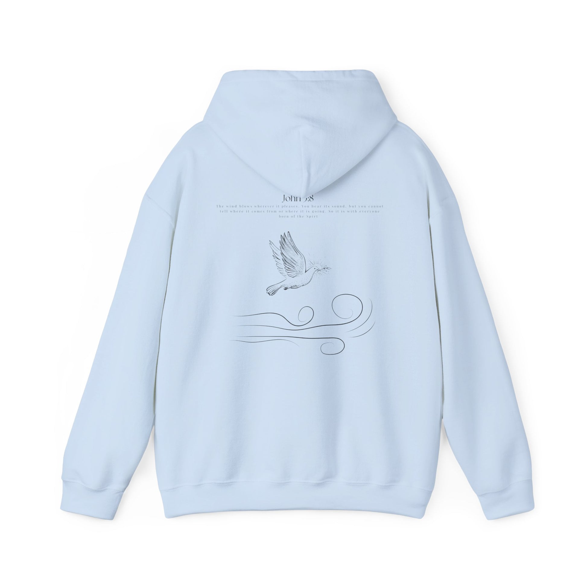Light blue Christian hoodie with John 3:8 Bible verse and dove design symbolizing the Holy Spirit, faith-based Scripture apparel for men and women