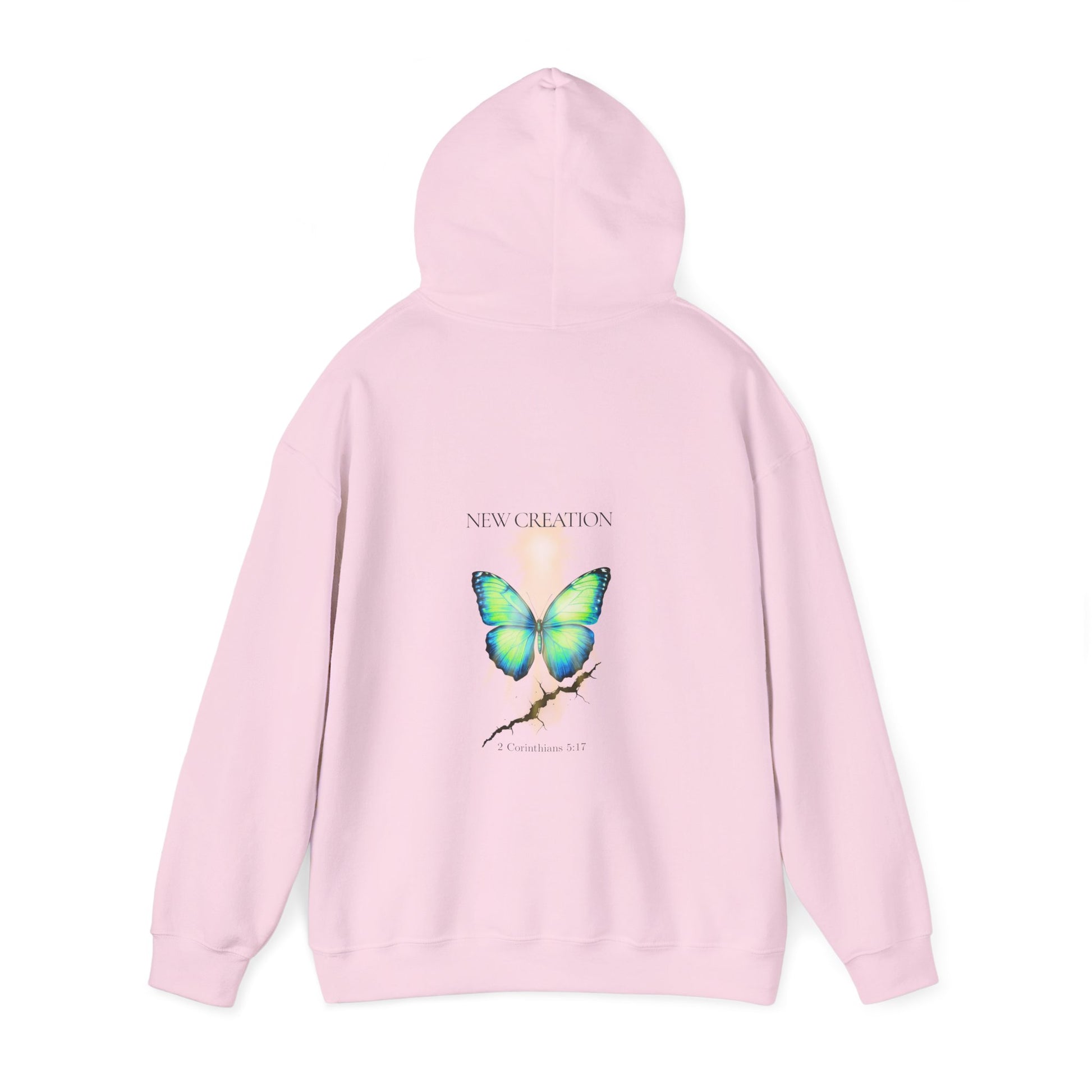Christian hoodie with the hood up featuring a blue and green butterfly rising above a cracked rock, symbolizing transformation and renewal. The design includes the words 'NEW CREATION' at the top and '2 Corinthians 5:17' at the bottom, representing the Bible verse about becoming a new creation in Christ.