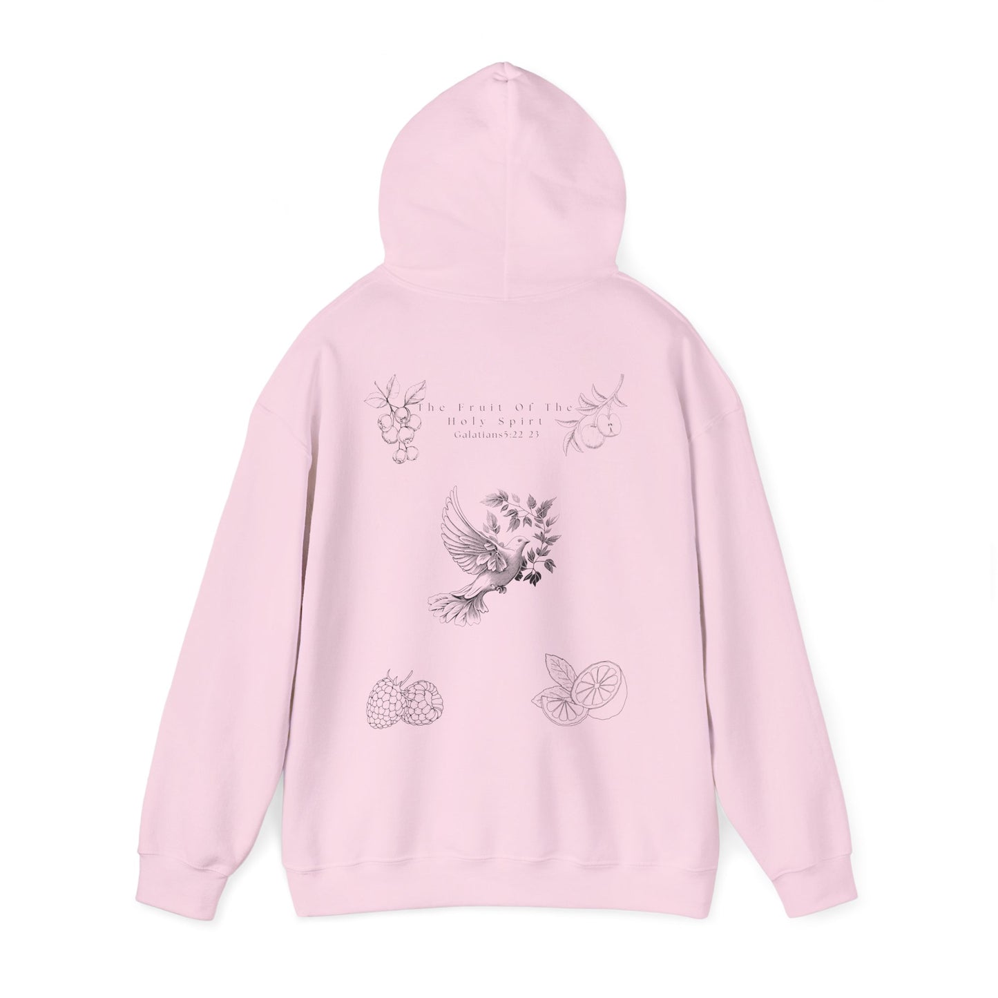 Back view of a light pink Fruit of the Holy Spirit hoodie with the hood up. with Galatians 5:22-23 Bible verse, Christian faith-based design promoting love, joy, peace, and kindness