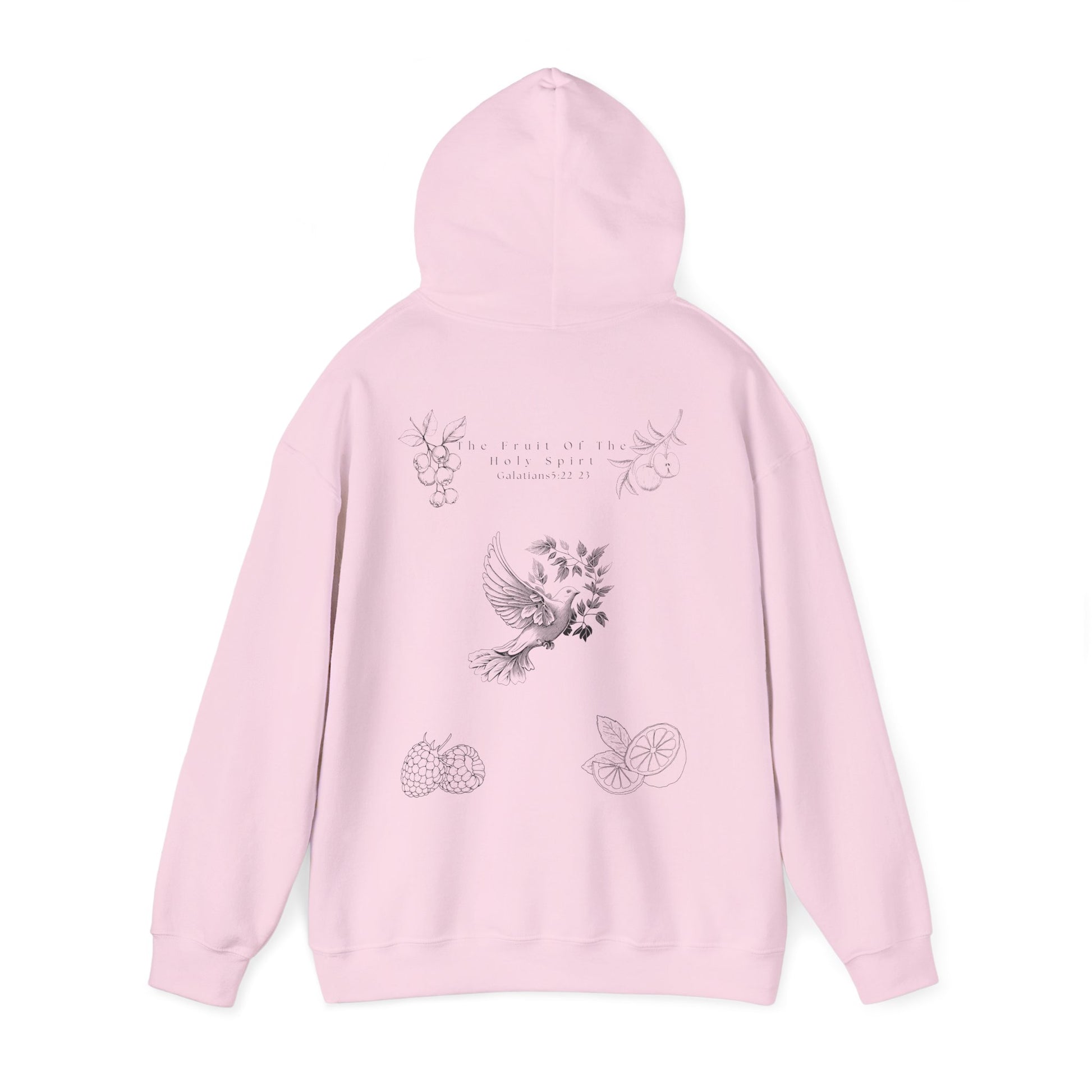 Back view of a light pink Fruit of the Holy Spirit hoodie with the hood up. with Galatians 5:22-23 Bible verse, Christian faith-based design promoting love, joy, peace, and kindness