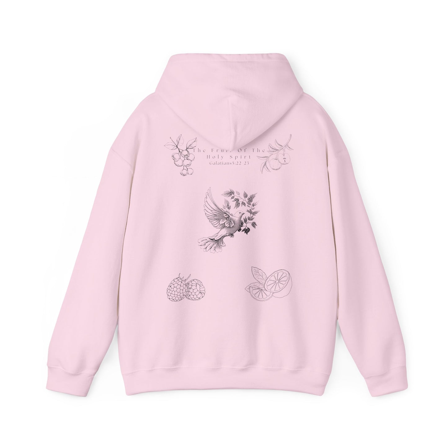 Back view of a light pink Fruit of the Holy Spirit hoodie. with Galatians 5:22-23 Bible verse, Christian faith-based design promoting love, joy, peace, and kindness