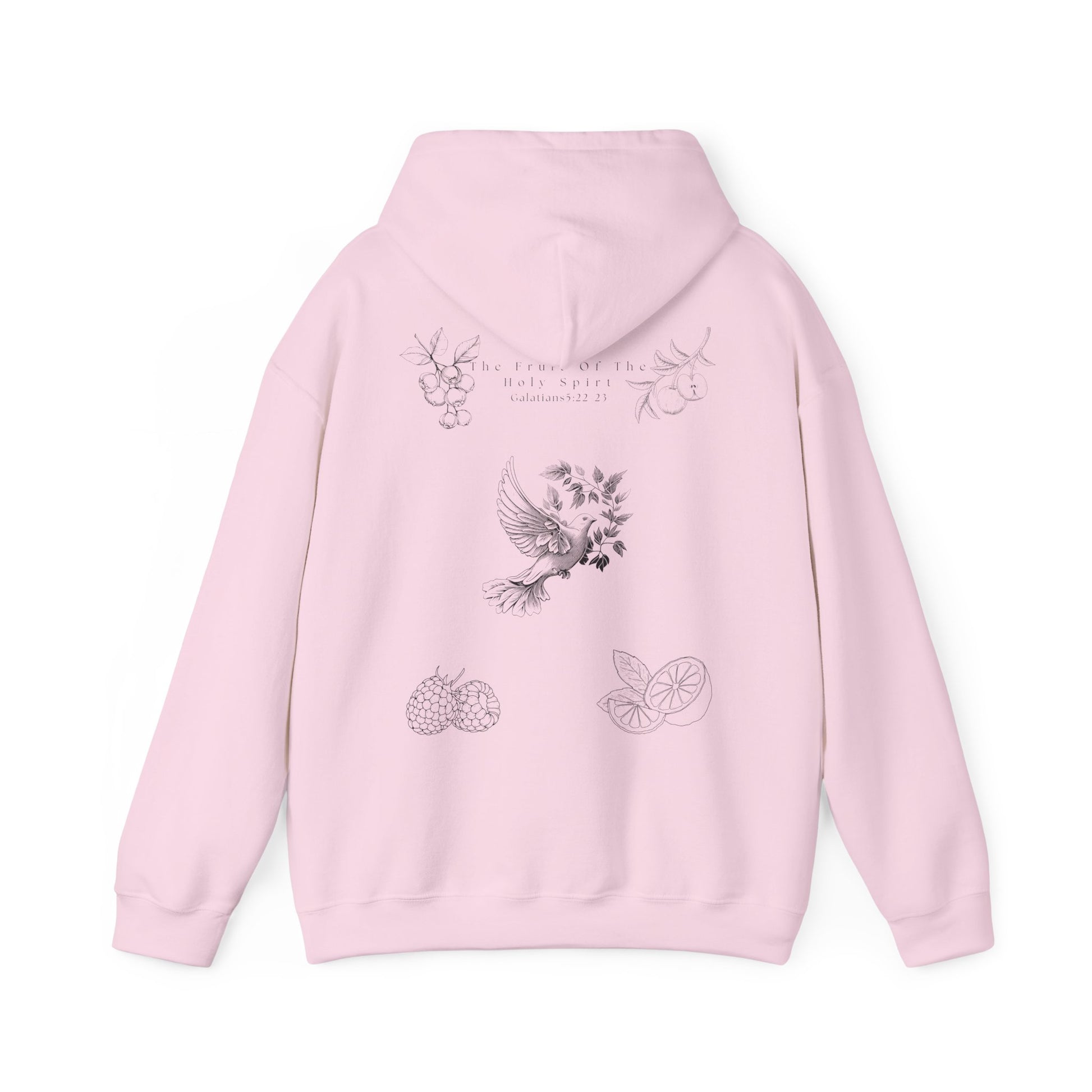 Back view of a light pink Fruit of the Holy Spirit hoodie. with Galatians 5:22-23 Bible verse, Christian faith-based design promoting love, joy, peace, and kindness