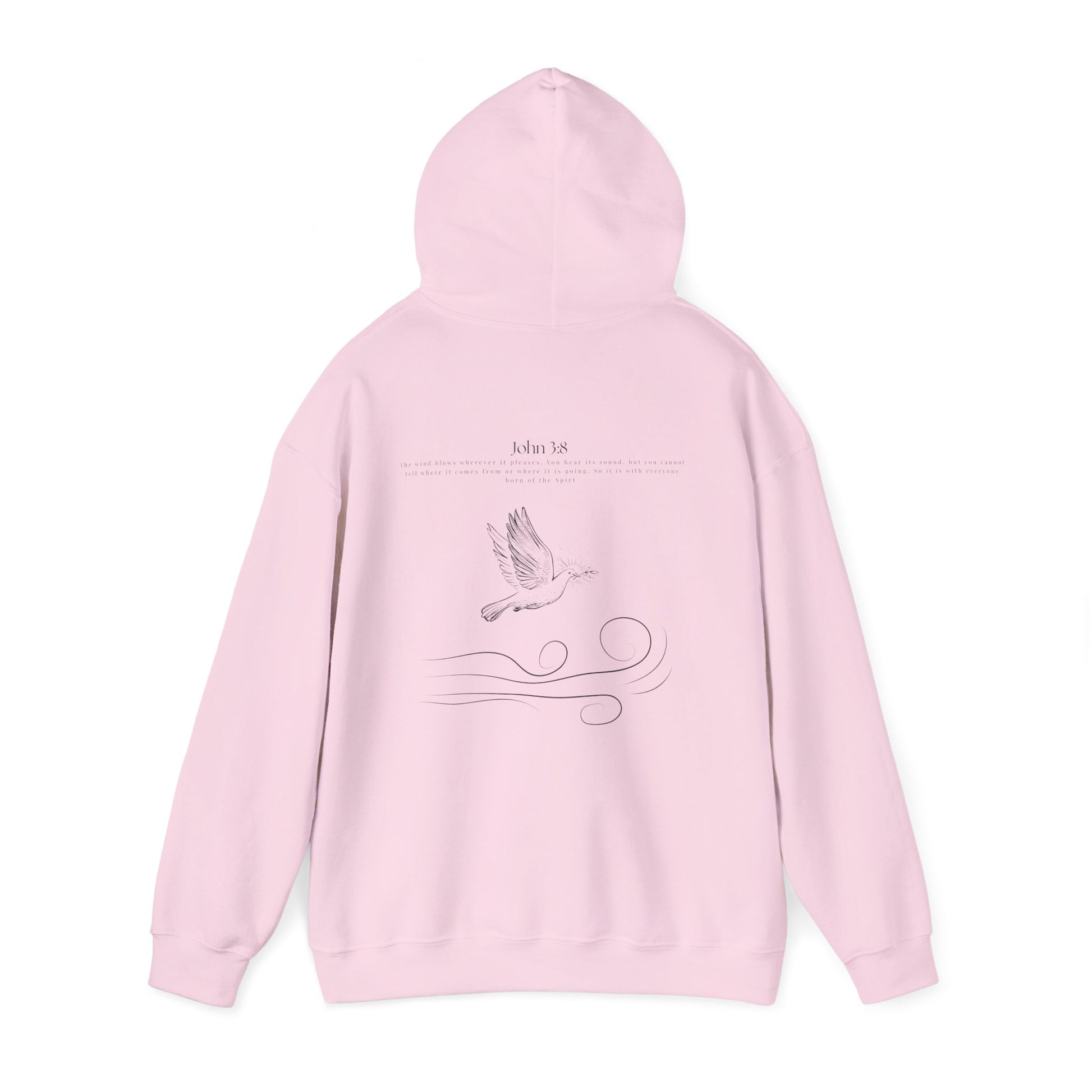 Light pink Christian hoodie with the hood up with John 3:8 Bible verse and dove design symbolizing the Holy Spirit, faith-based Scripture apparel for men and women