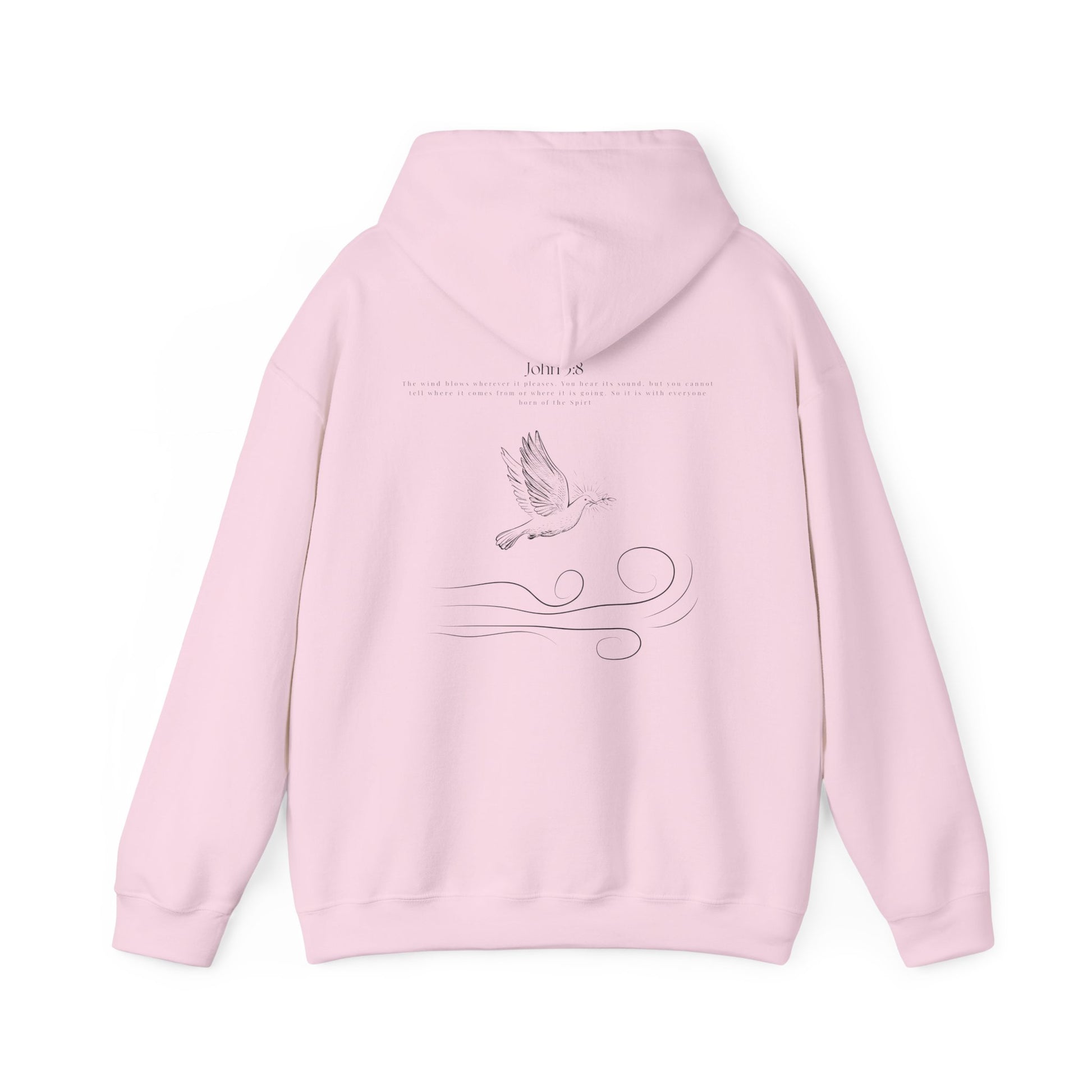 Light pink Christian hoodie with John 3:8 Bible verse and dove design symbolizing the Holy Spirit, faith-based Scripture apparel for men and women