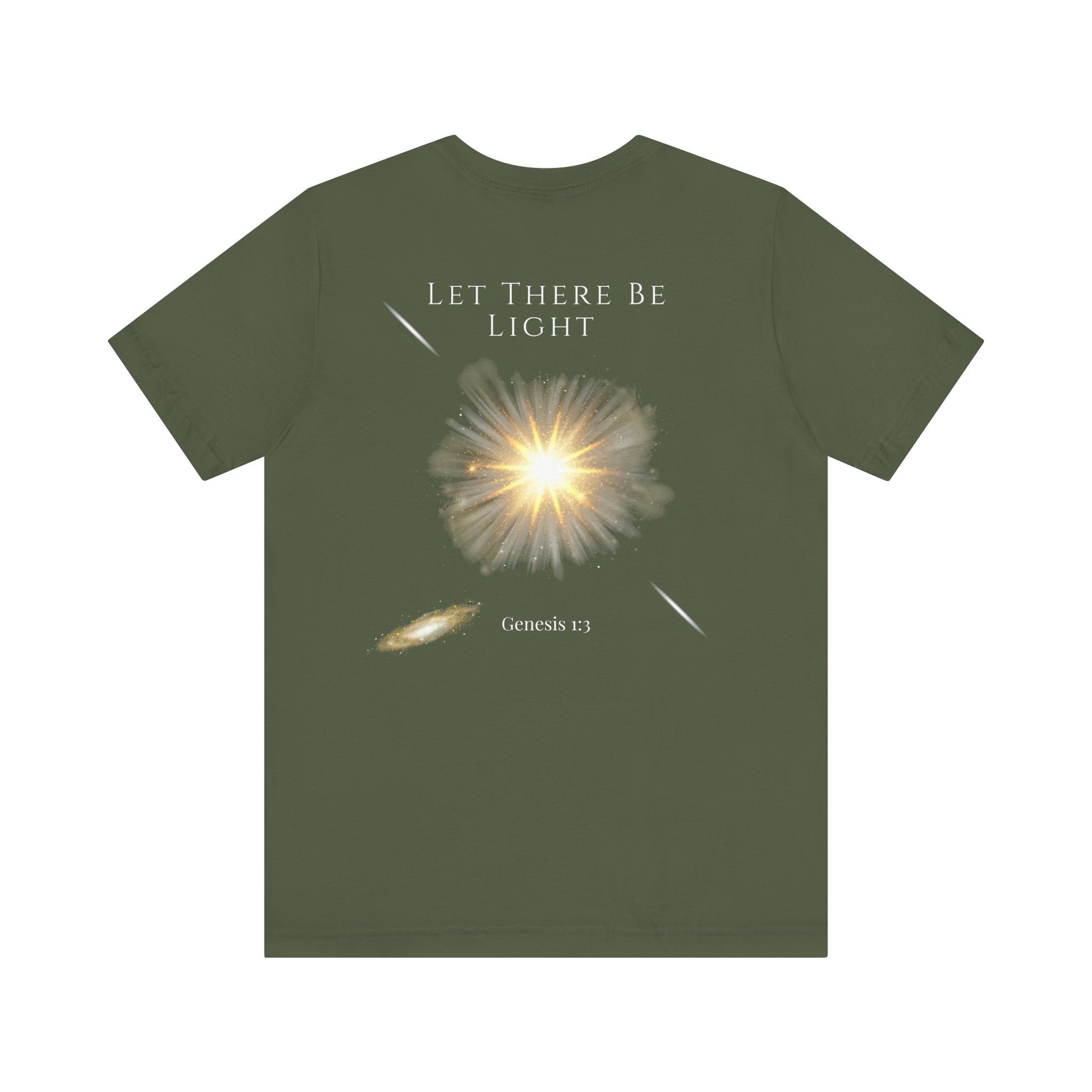 Let There Be Light Genesis 1:3 t-shirt featuring a radiant light burst design—modern Christian apparel for men and women. This Bible verse shirt blends faith and fashion, perfect for those seeking trendy Christian clothing, Bible verse encouragement, and bold Christian clothes that inspire.