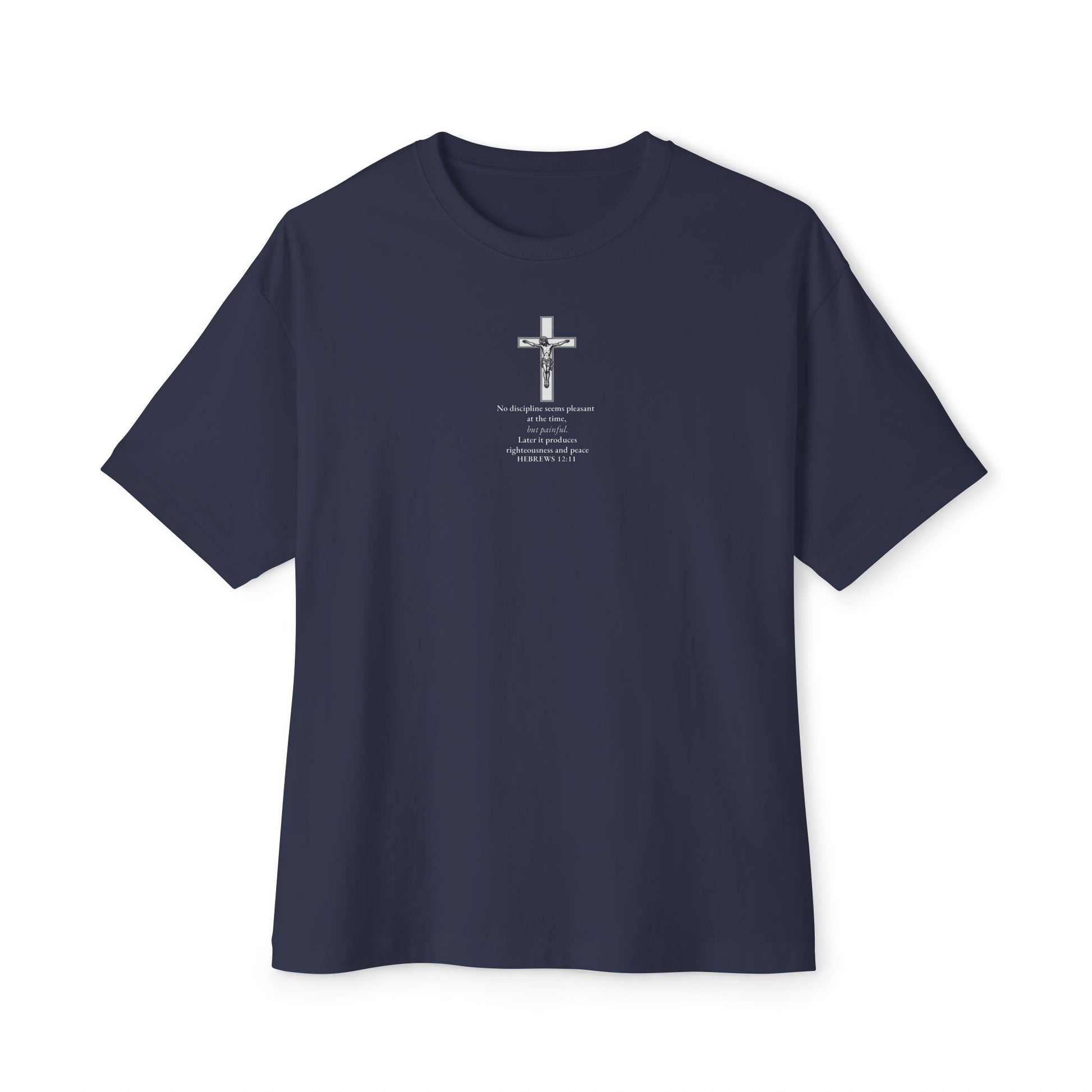 navy Hebrews 12:11 Christian t-shirt with bold scripture design — modern Catholic clothing and Orthodox clothing for men and women seeking spiritual growth and encouragement.