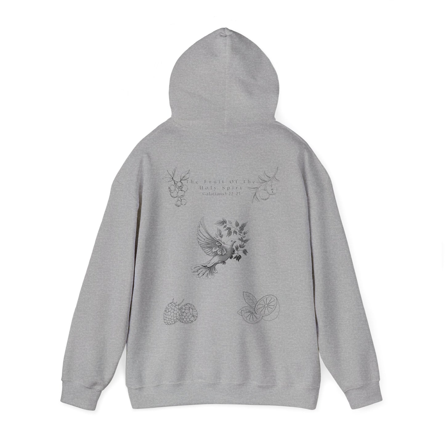 Back view of a gray Fruit of the Holy Spirit hoodie with the hood up. with Galatians 5:22-23 Bible verse, Christian faith-based design promoting love, joy, peace, and kindness