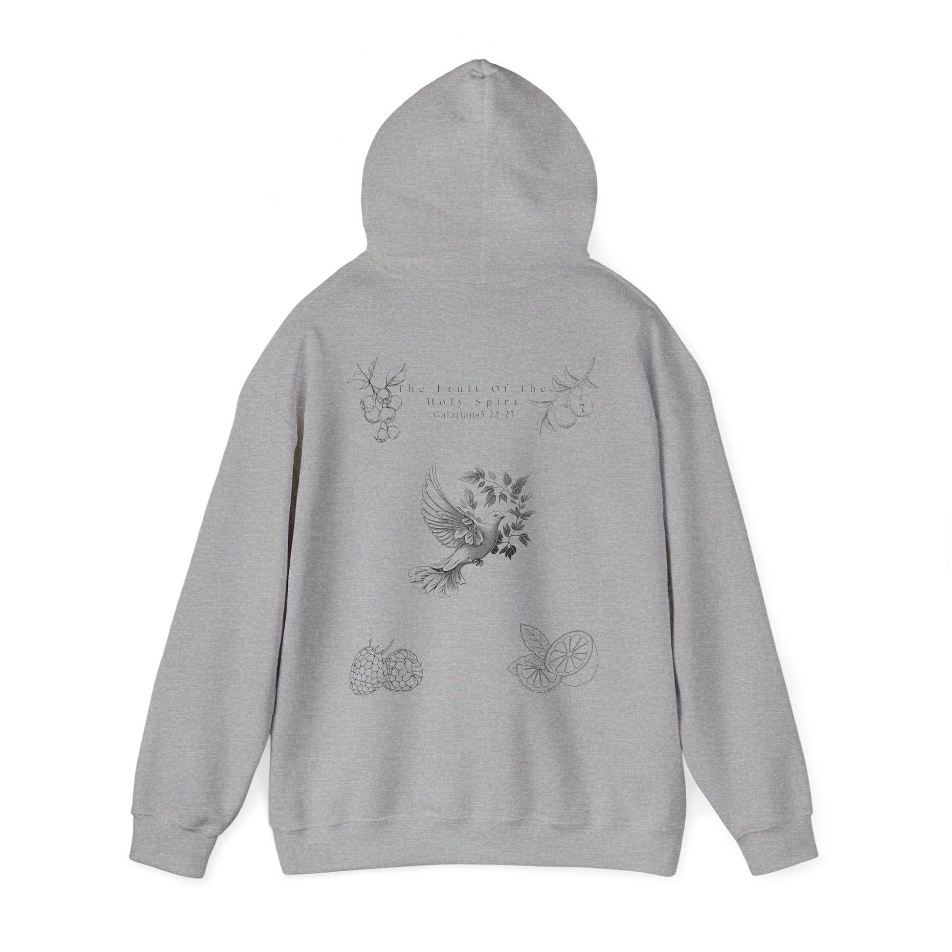Back view of a gray Fruit of the Holy Spirit hoodie with the hood up. with Galatians 5:22-23 Bible verse, Christian faith-based design promoting love, joy, peace, and kindness
