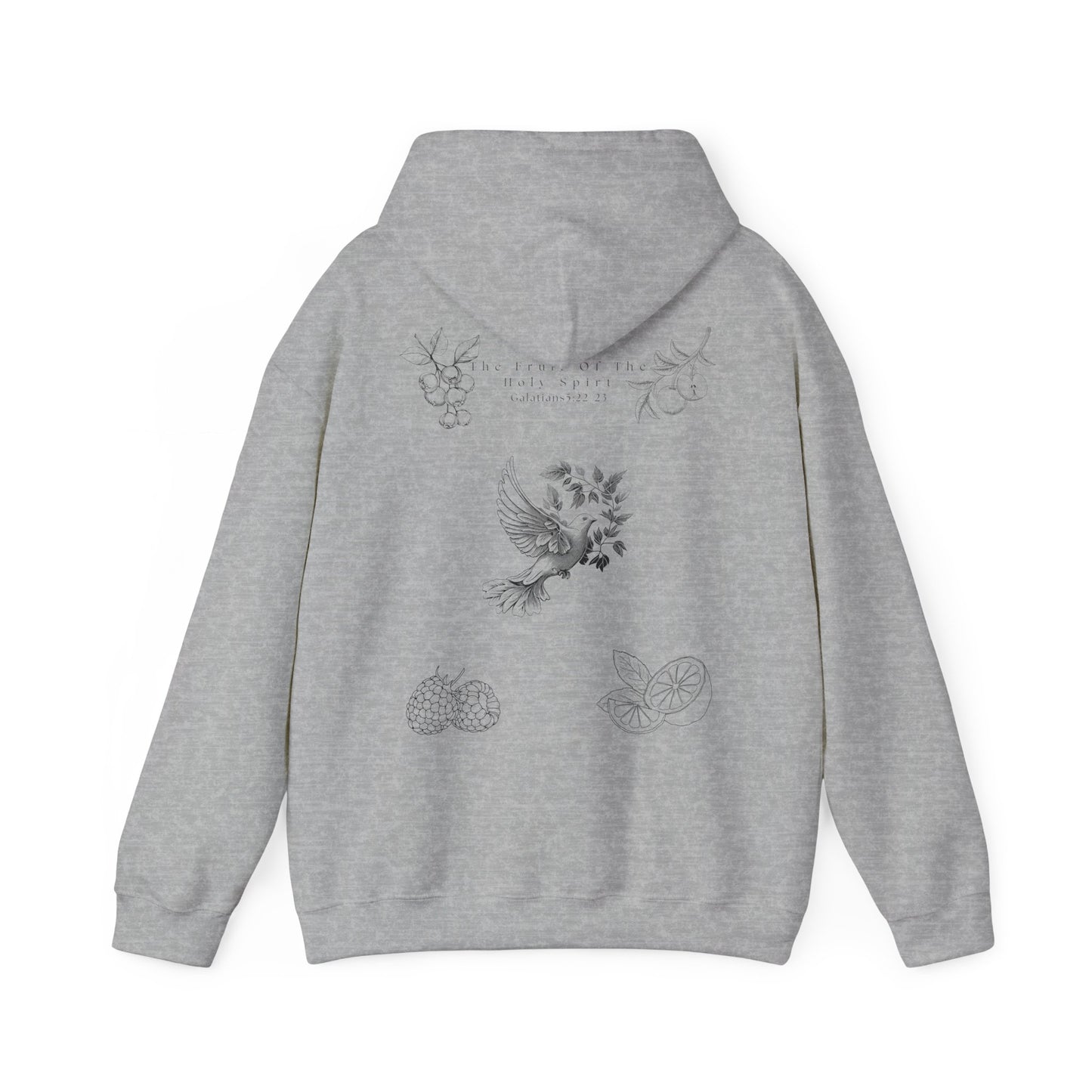 Back view of a gray Fruit of the Holy Spirit hoodie. with Galatians 5:22-23 Bible verse, Christian faith-based design promoting love, joy, peace, and kindness