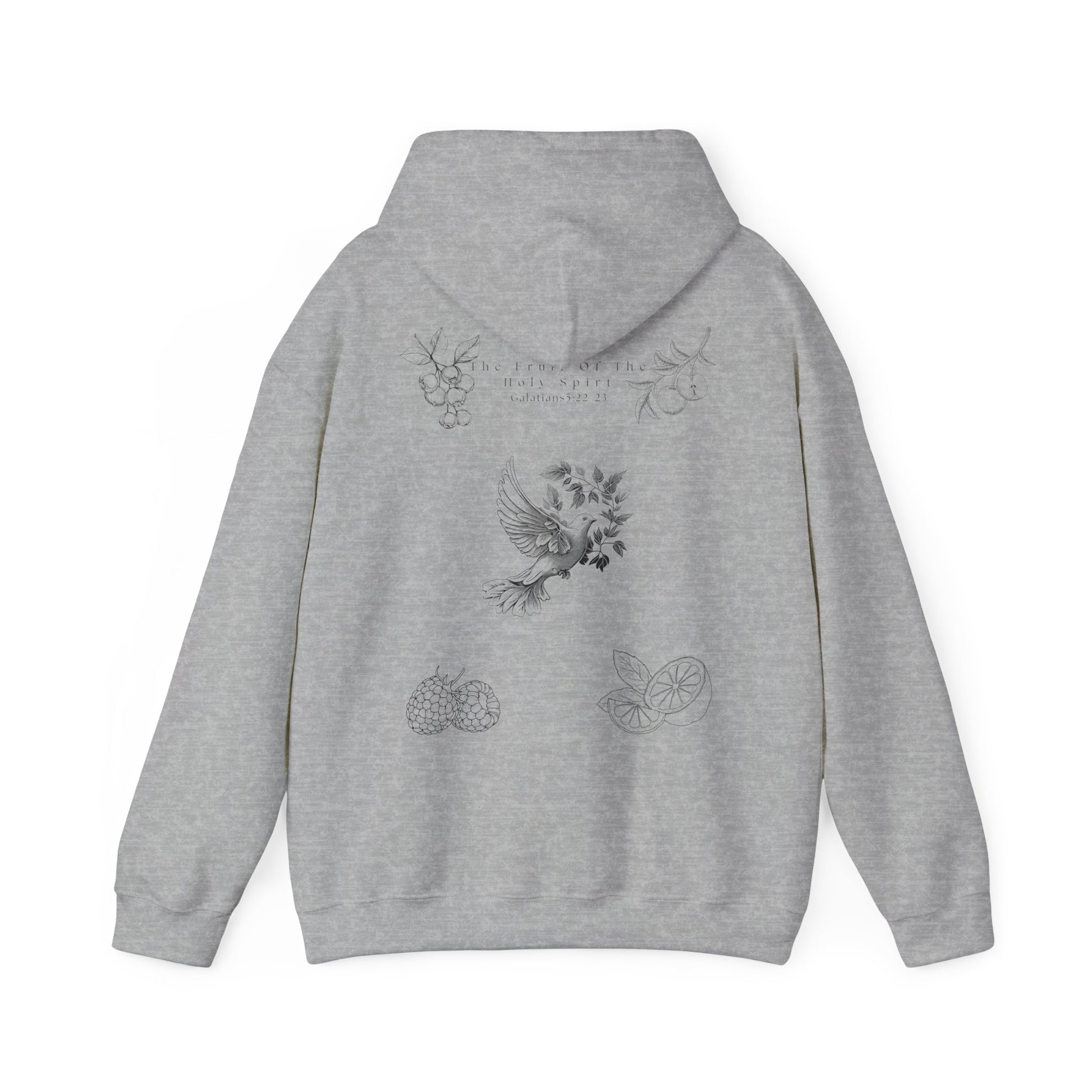 Back view of a gray Fruit of the Holy Spirit hoodie. with Galatians 5:22-23 Bible verse, Christian faith-based design promoting love, joy, peace, and kindness