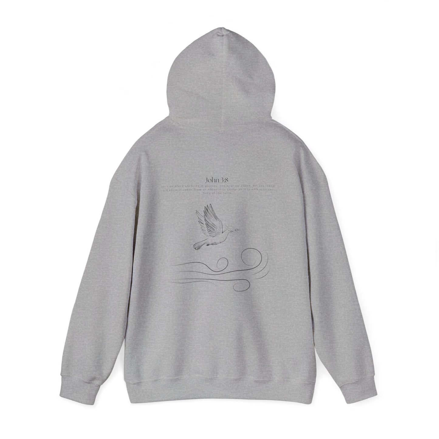 Sport gray Christian hoodie with the hood up with John 3:8 Bible verse and dove design symbolizing the Holy Spirit, faith-based Scripture apparel for men and women