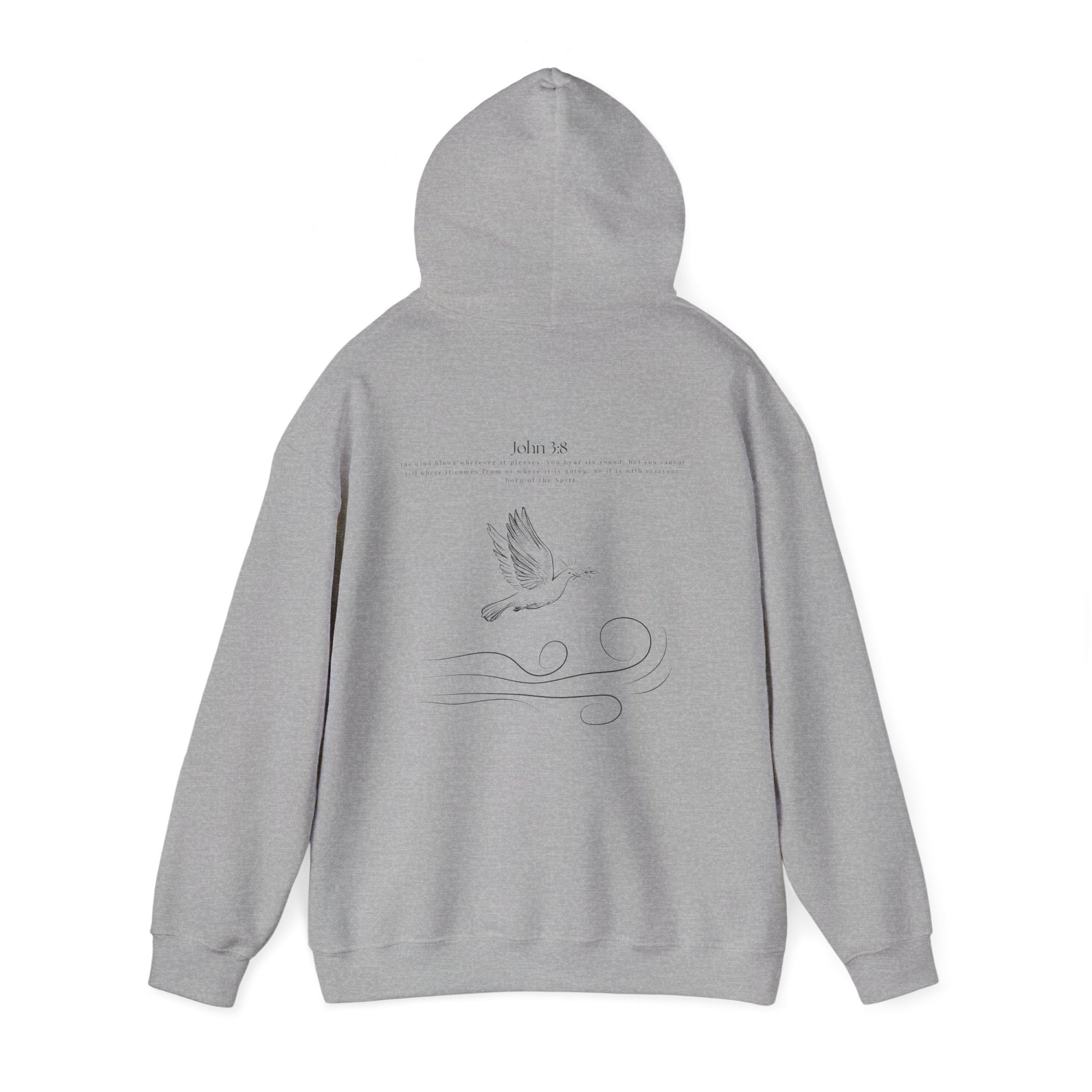 Sport gray Christian hoodie with the hood up with John 3:8 Bible verse and dove design symbolizing the Holy Spirit, faith-based Scripture apparel for men and women