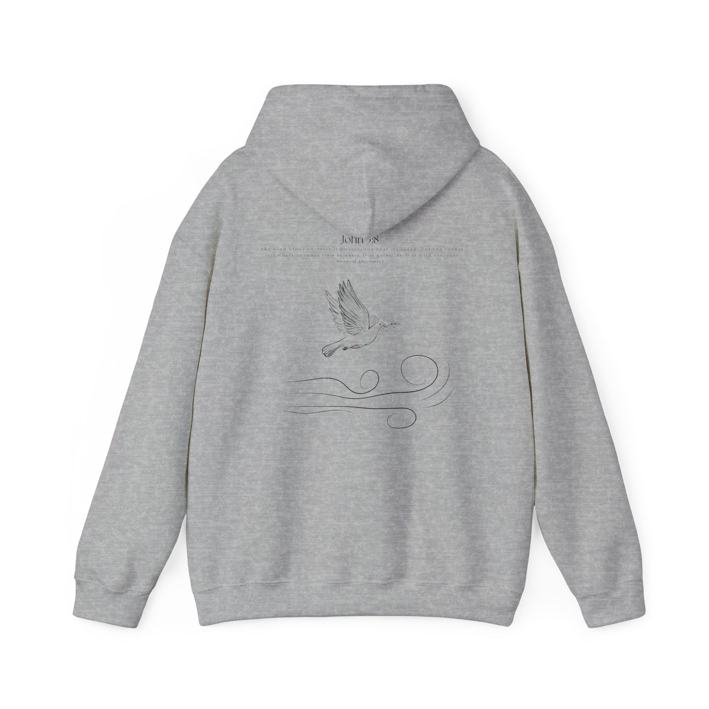 Spot gray Christian hoodie with John 3:8 Bible verse and dove design symbolizing the Holy Spirit, faith-based Scripture apparel for men and women