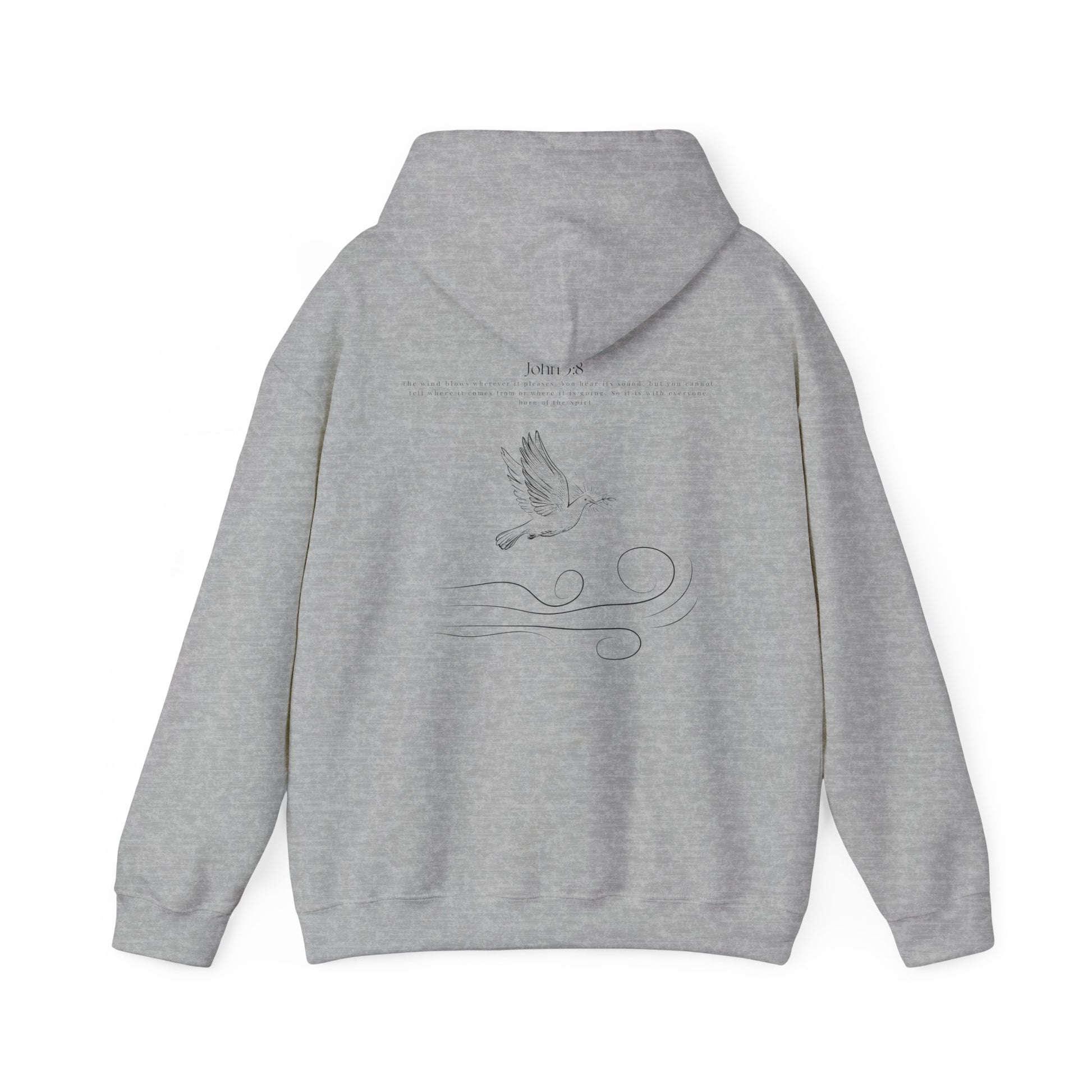Spot gray Christian hoodie with John 3:8 Bible verse and dove design symbolizing the Holy Spirit, faith-based Scripture apparel for men and women