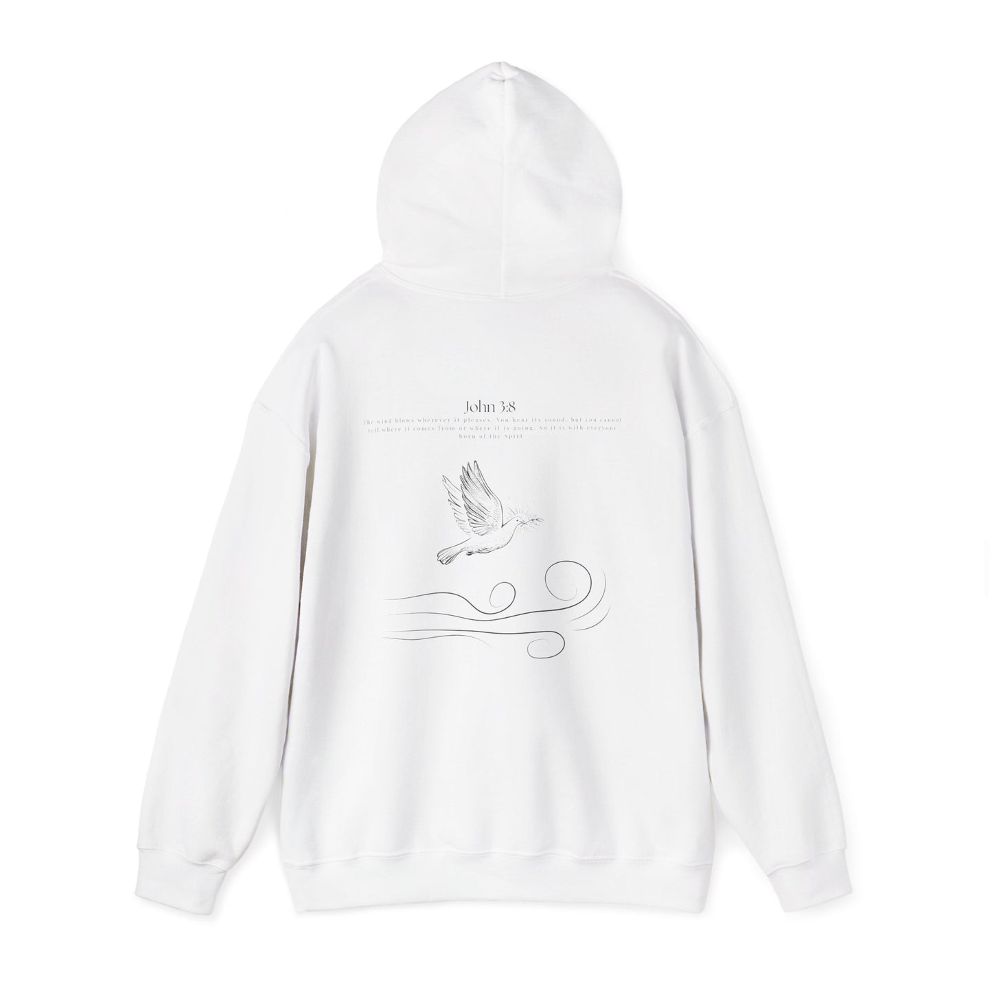 White Christian hoodie with the hood up with John 3:8 Bible verse and dove design symbolizing the Holy Spirit, faith-based Scripture apparel for men and women