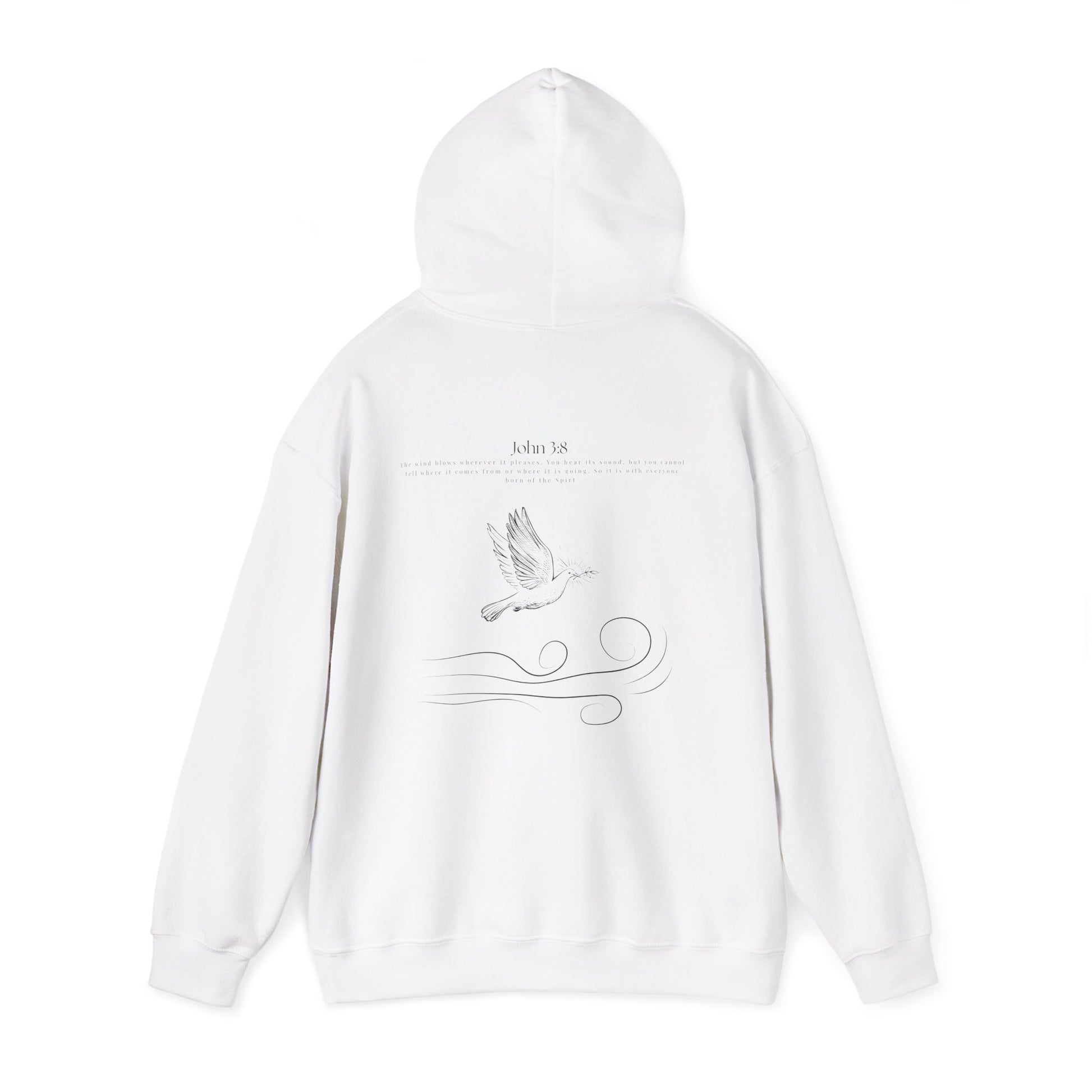 White Christian hoodie with the hood up with John 3:8 Bible verse and dove design symbolizing the Holy Spirit, faith-based Scripture apparel for men and women